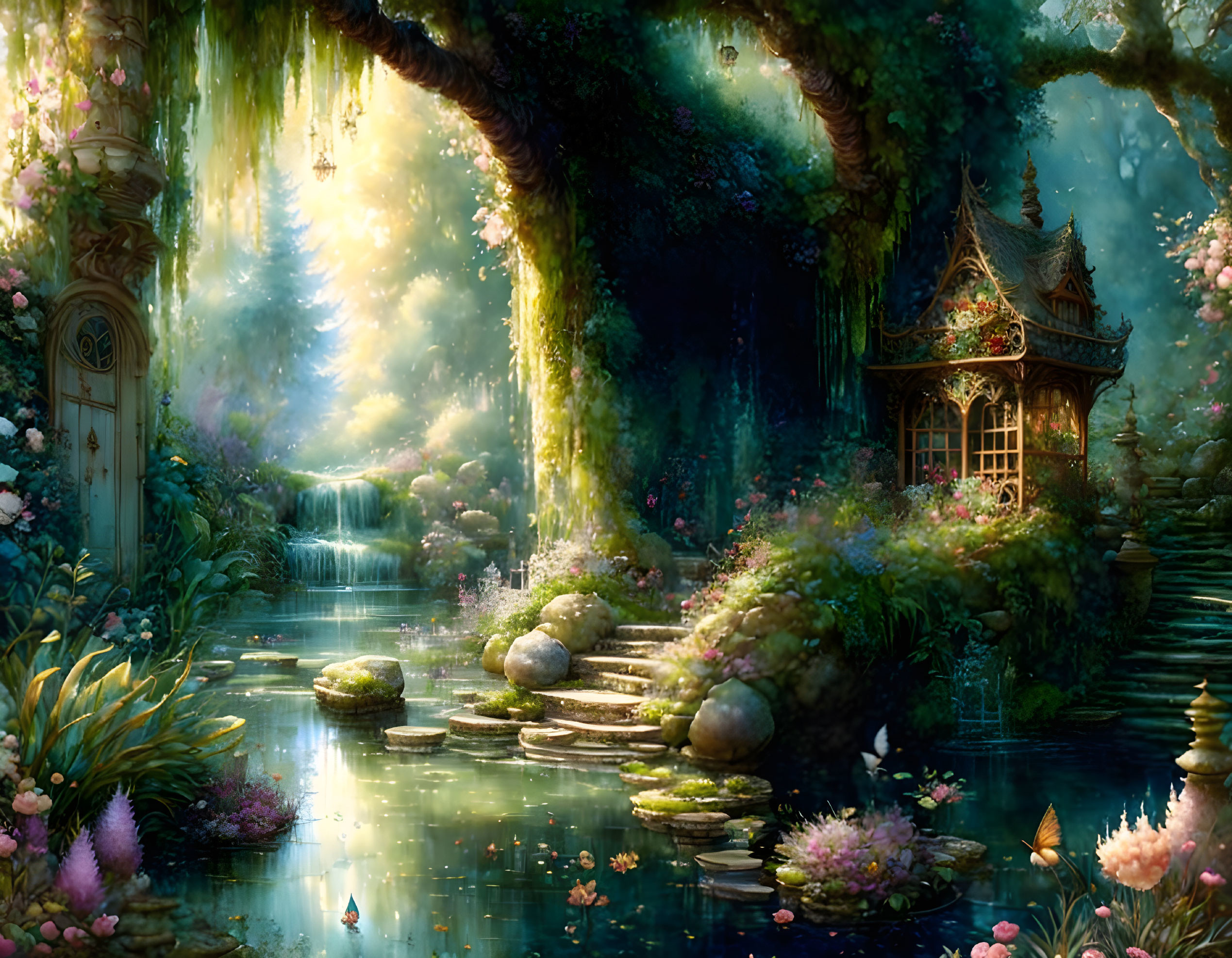 Enchanting forest scene with whimsical cottage, waterfall, stream, vibrant flora.