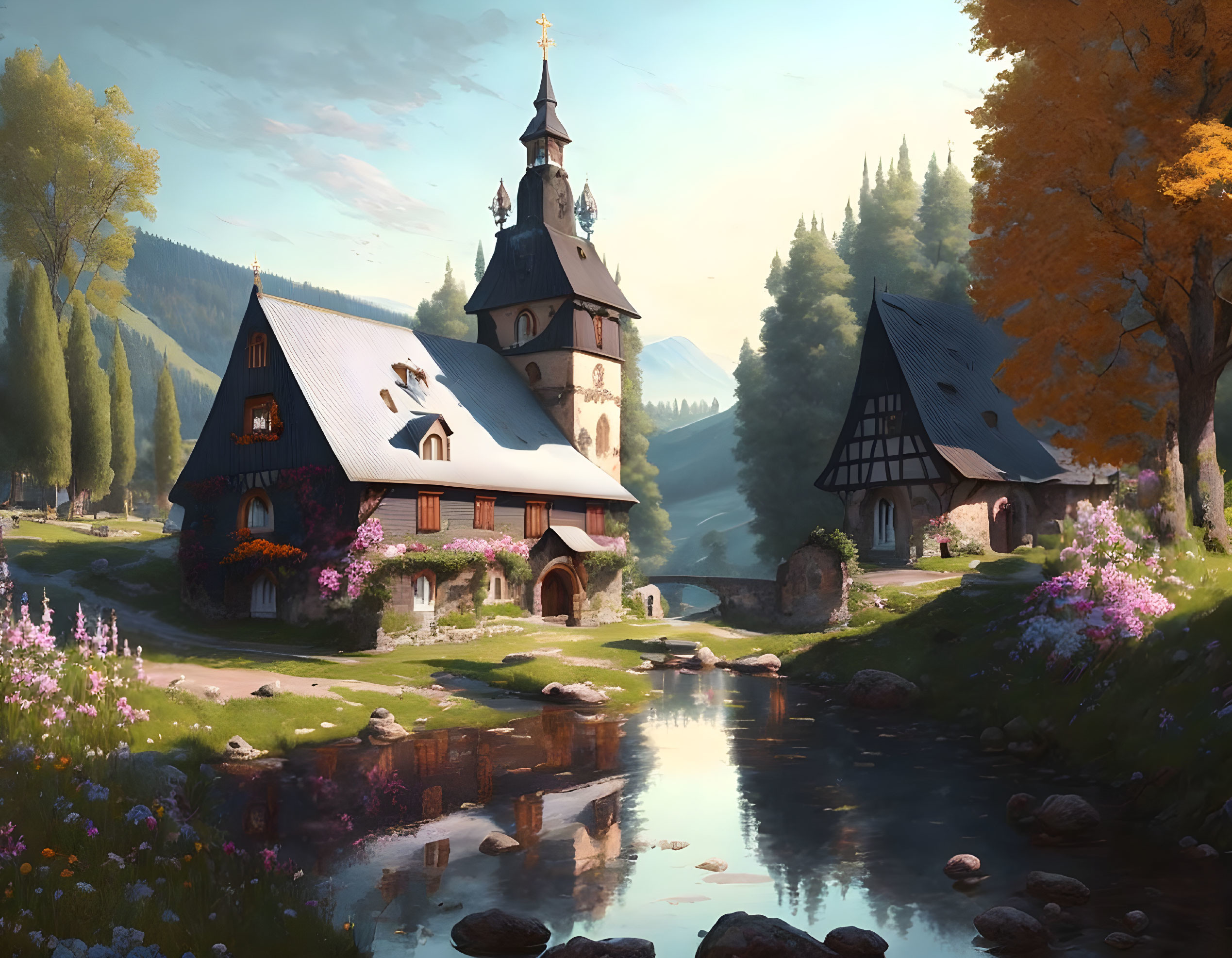 Scenic landscape with church, houses, river, and golden light