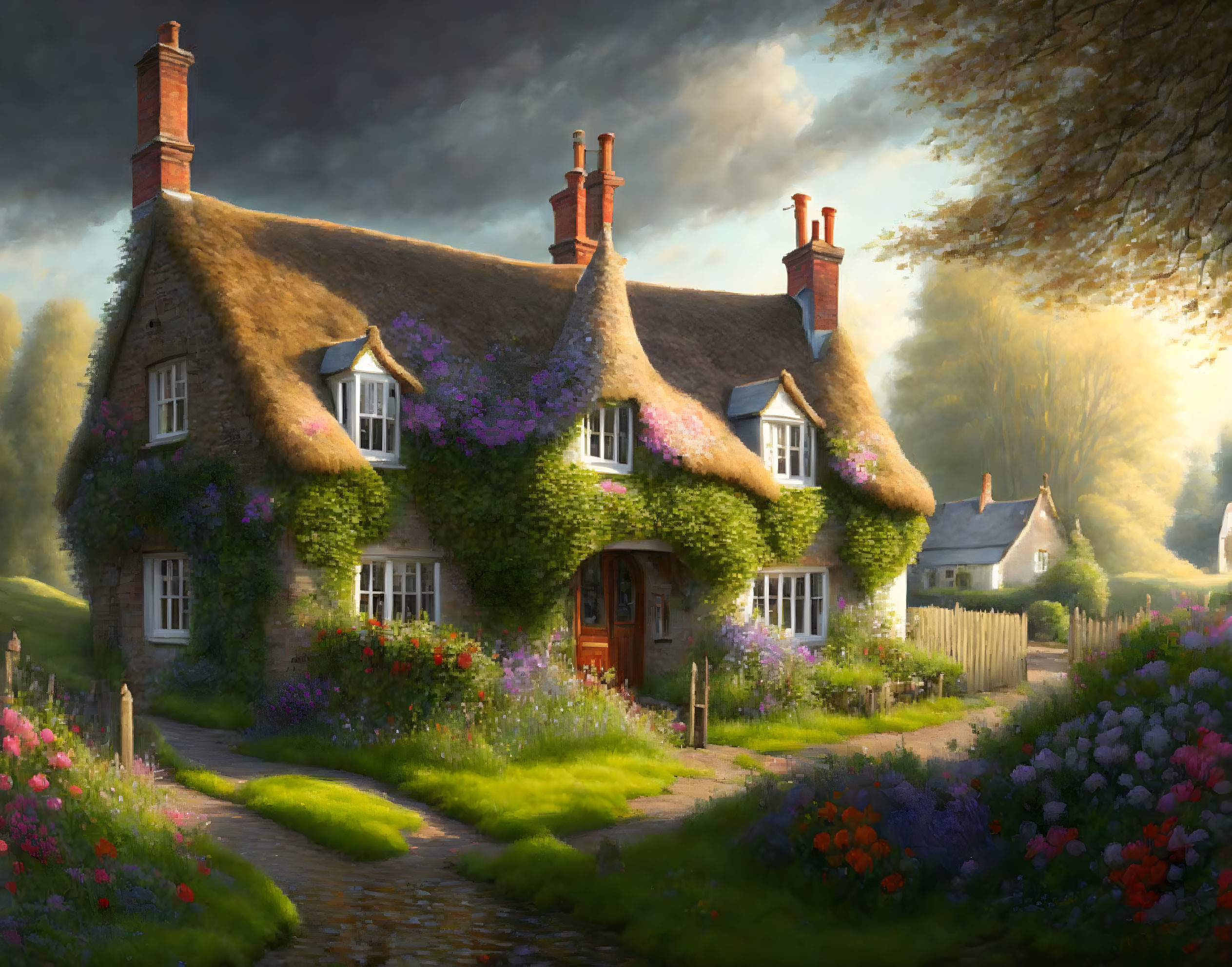 Thatched Cottage with Blooming Flowers in Tranquil Countryside