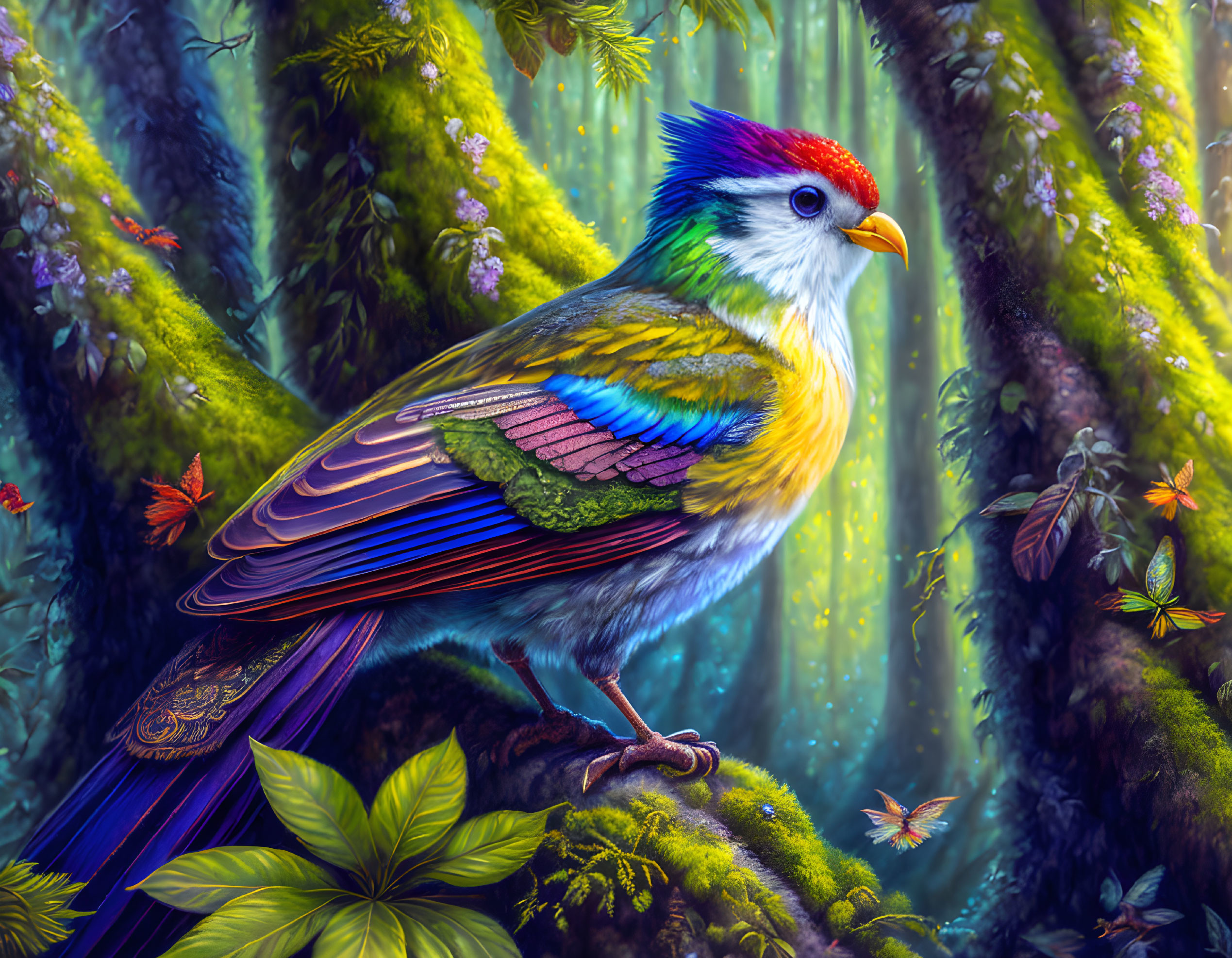 Colorful bird with unique feather pattern in lush forest setting