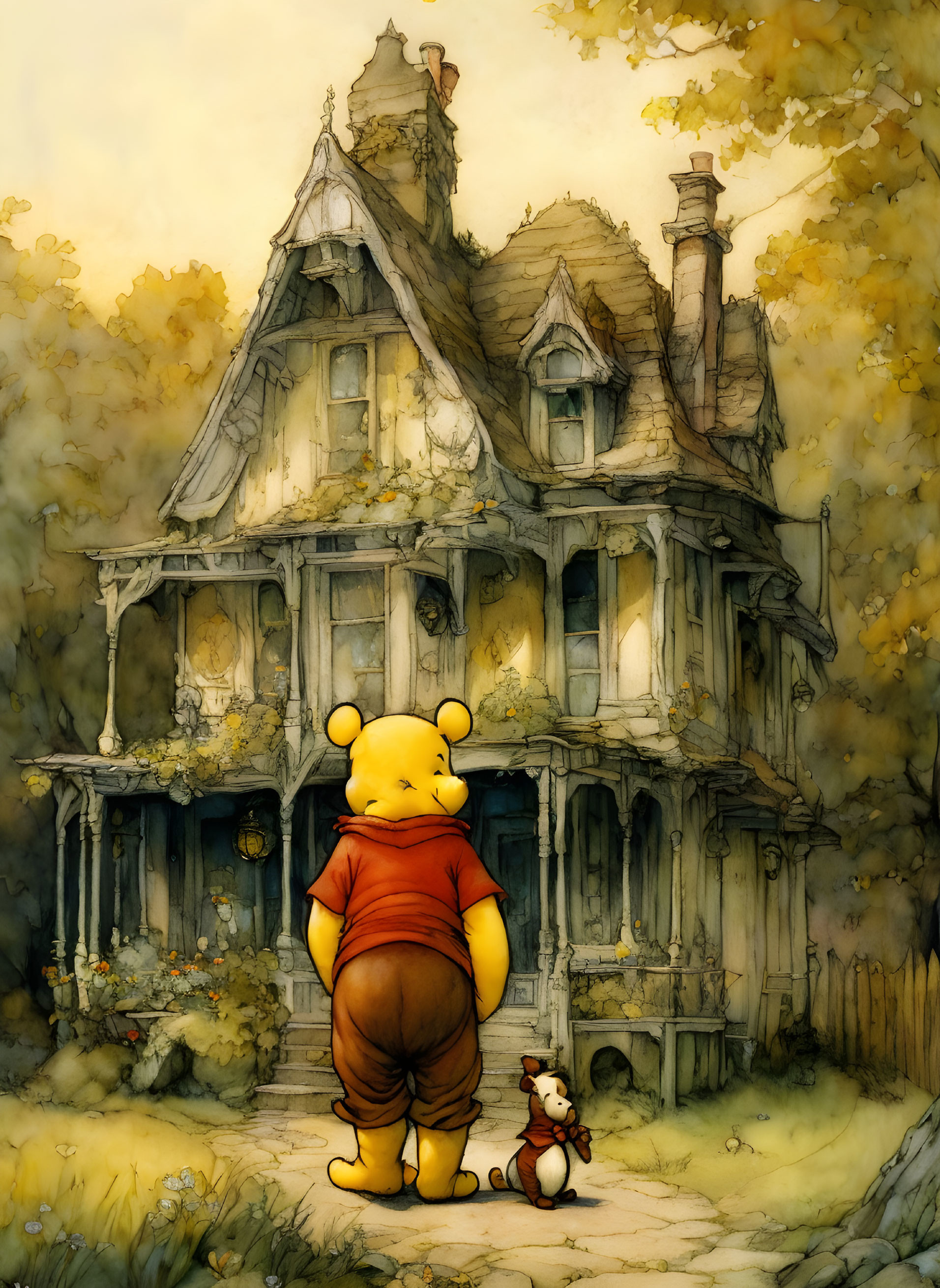 Winnie the Pooh and Piglet by old house in autumn landscape