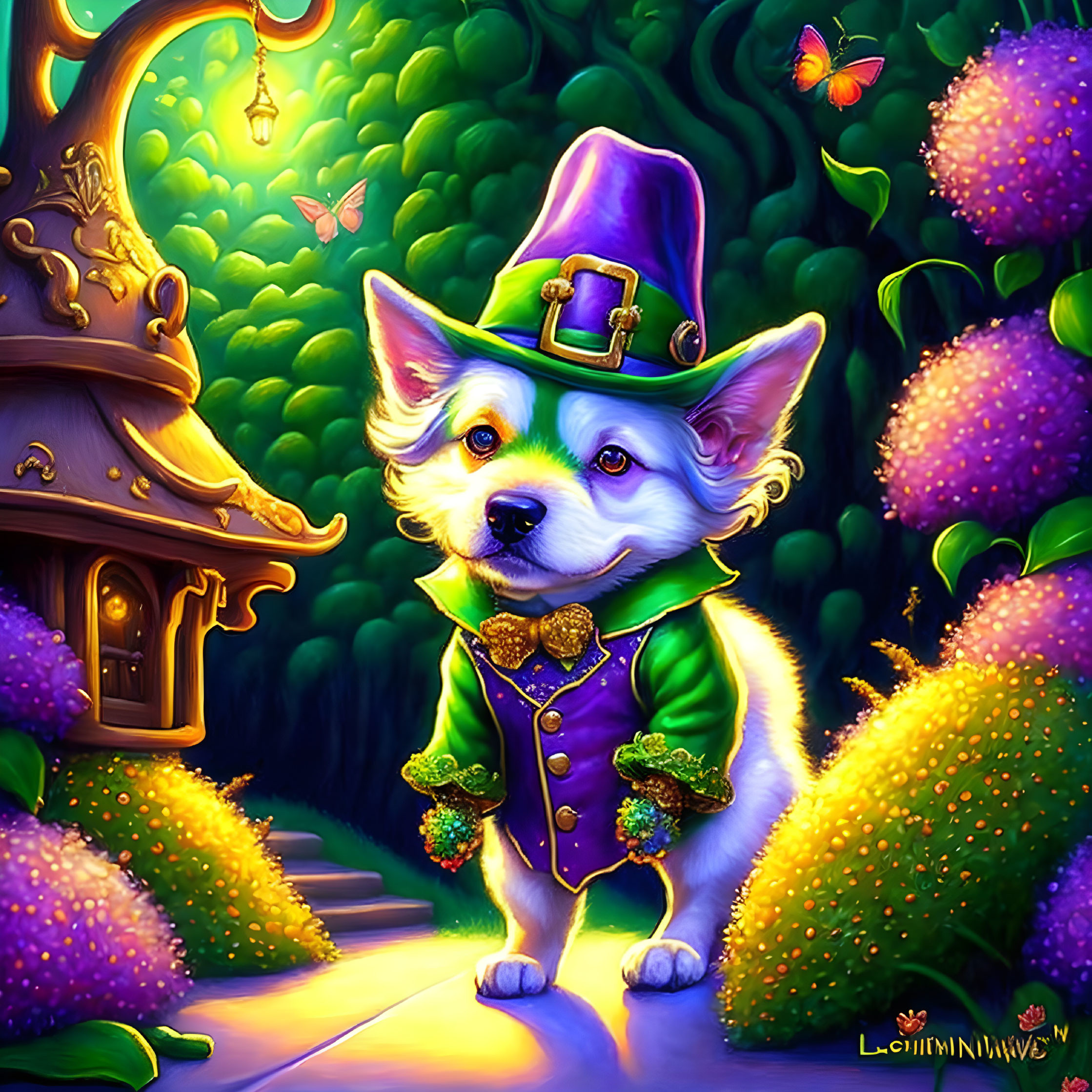 Anthropomorphic corgi in festive costume at night with glowing plants and butterflies