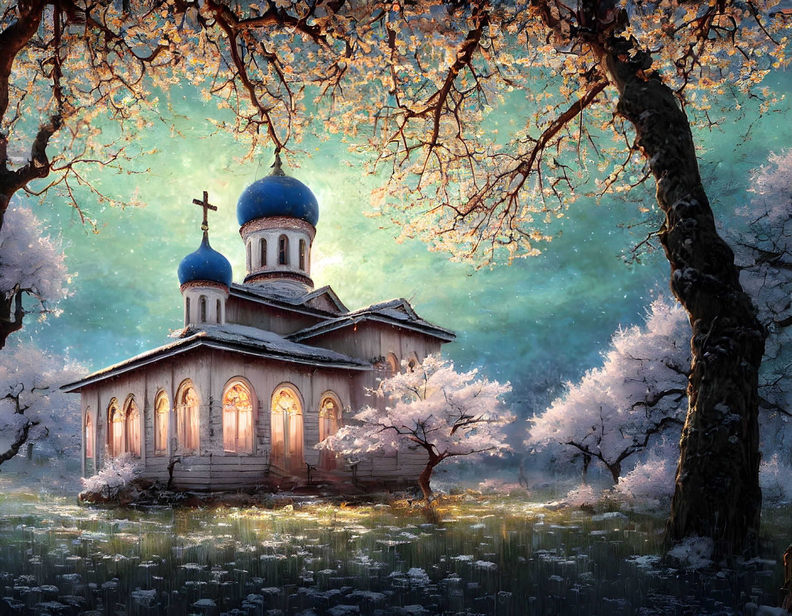 Tranquil twilight scene: small church with blue domes, blossoming trees, glowing lights