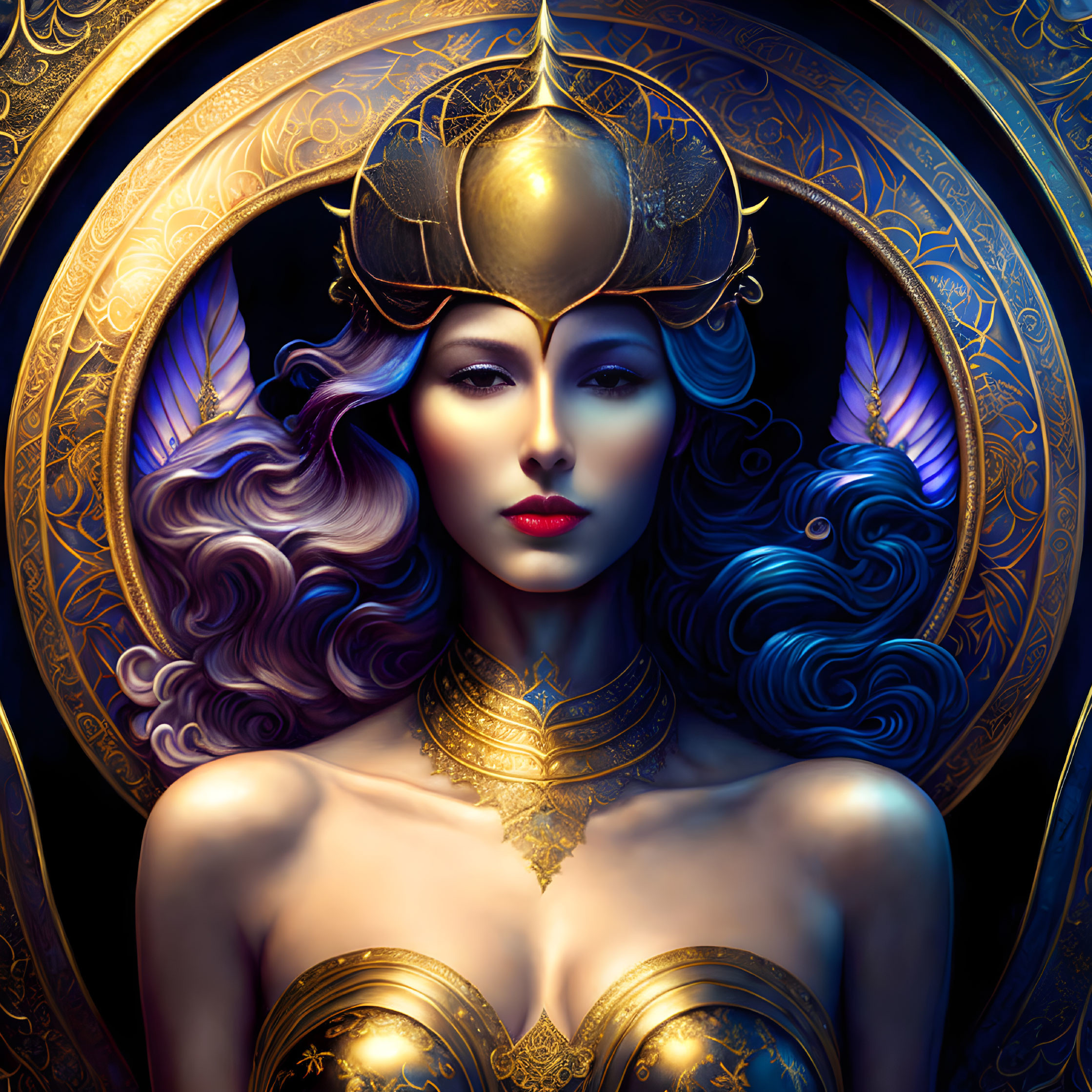 Mystical female figure in golden armor with violet hair and intricate details