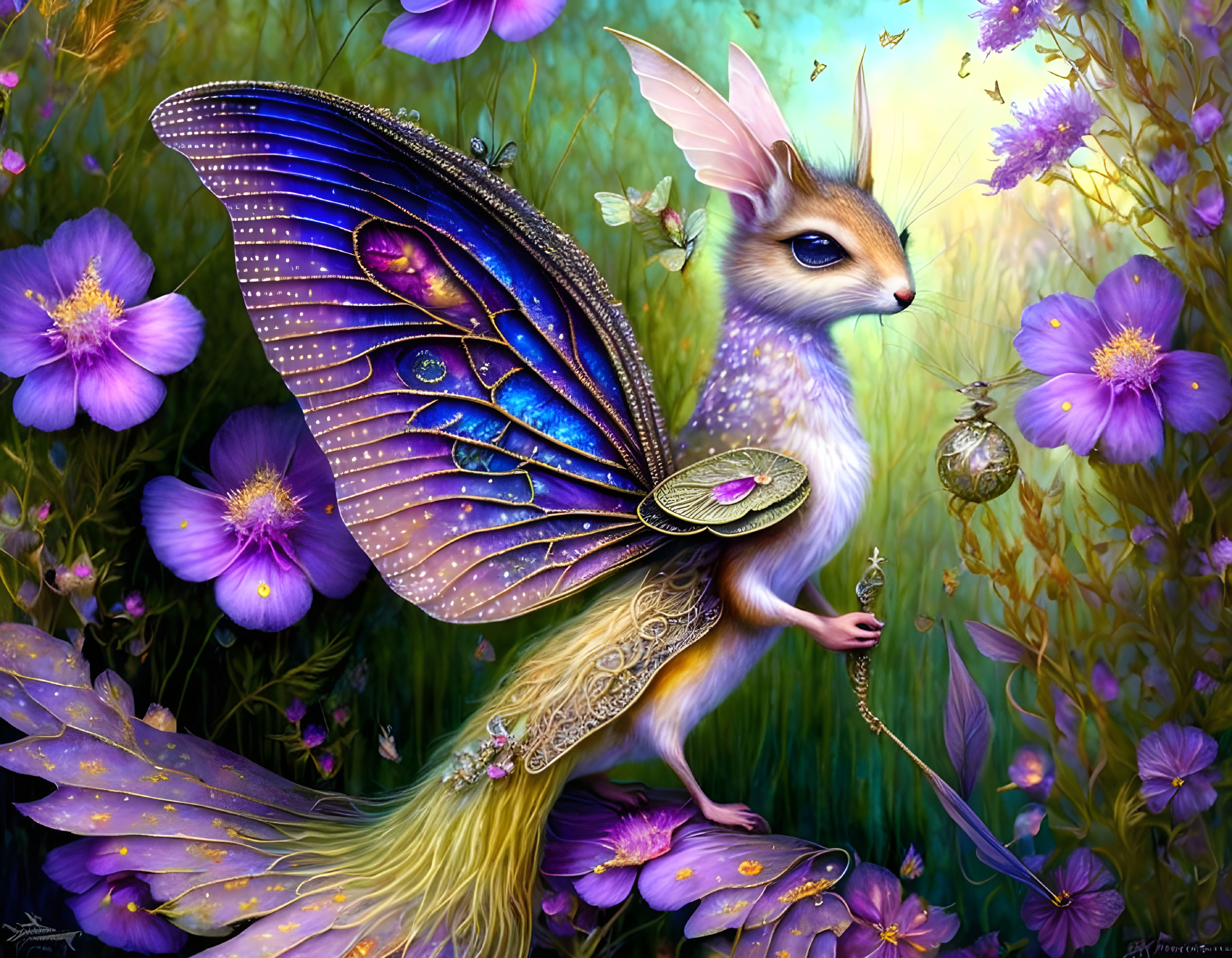 Rabbit-bodied creature with butterfly wings in purple flower field.