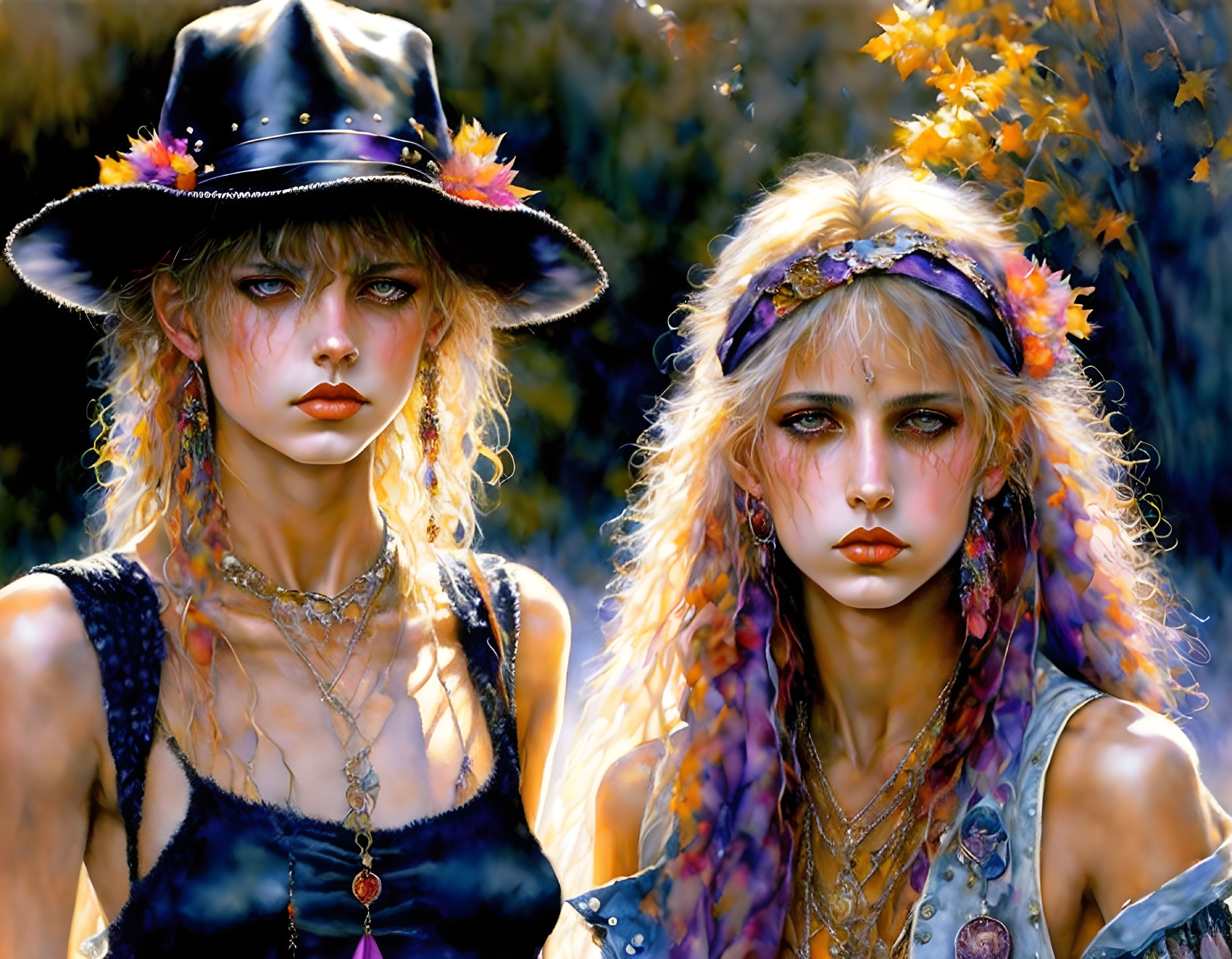 Stylized Women with Intense Gazes and Bohemian Accessories in Autumn Scene