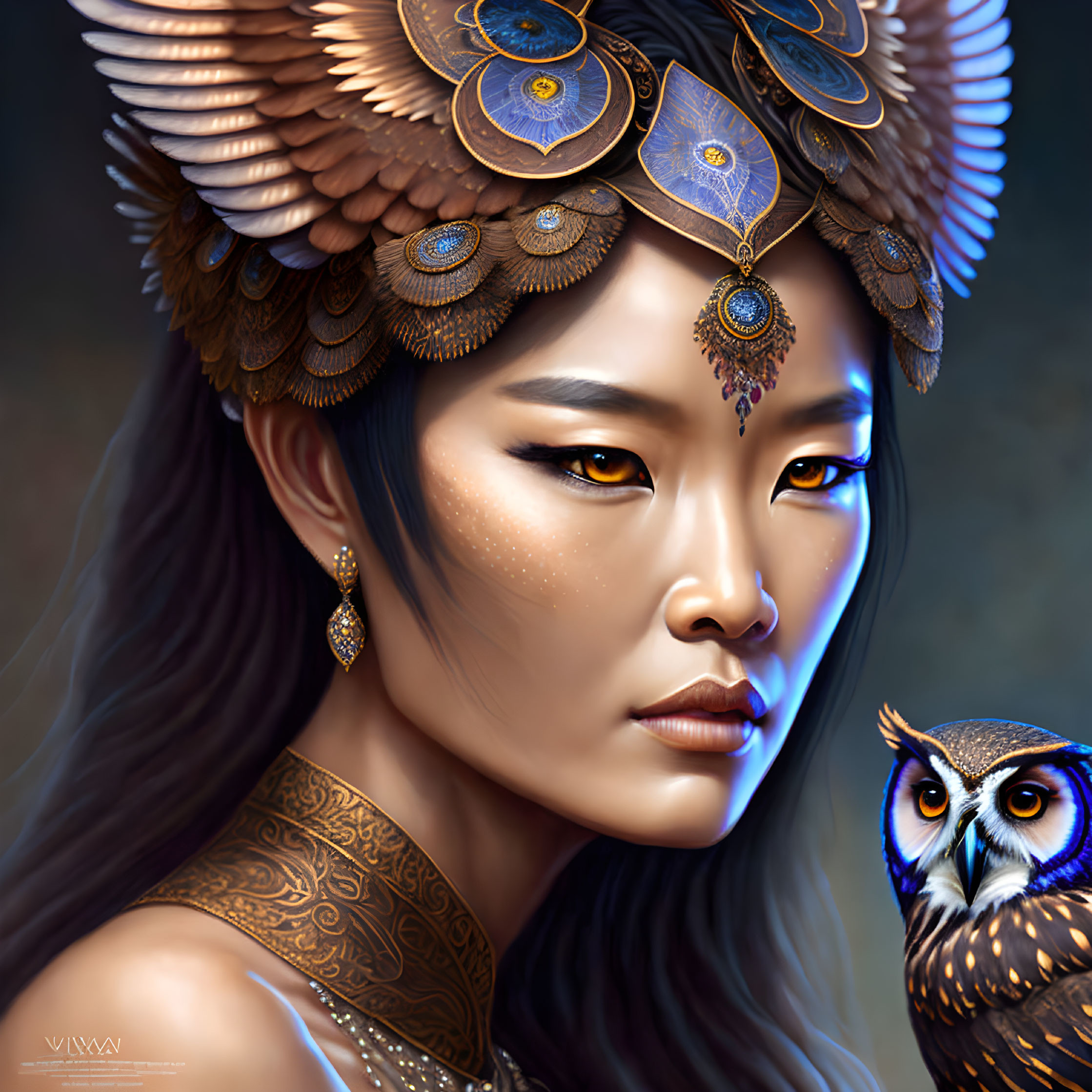 Woman with Feathered Headdress and Owl in Digital Painting