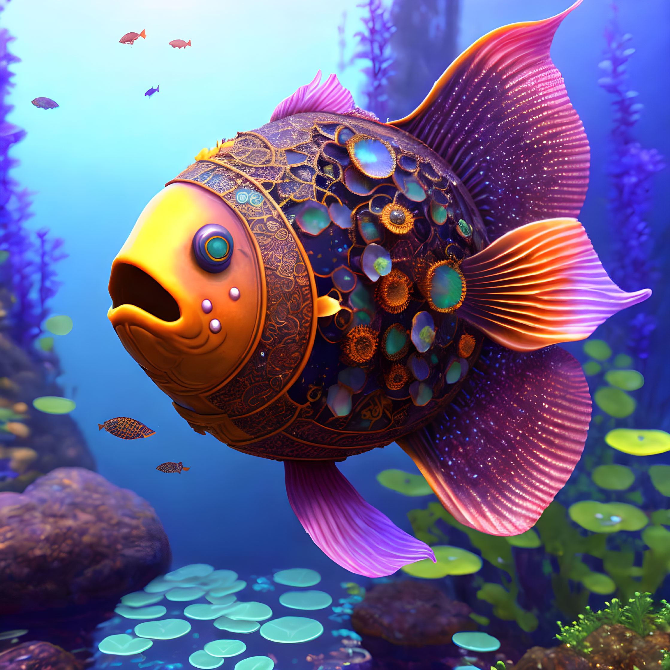 Colorful Ornate Fish Swimming in Vibrant Underwater Scene