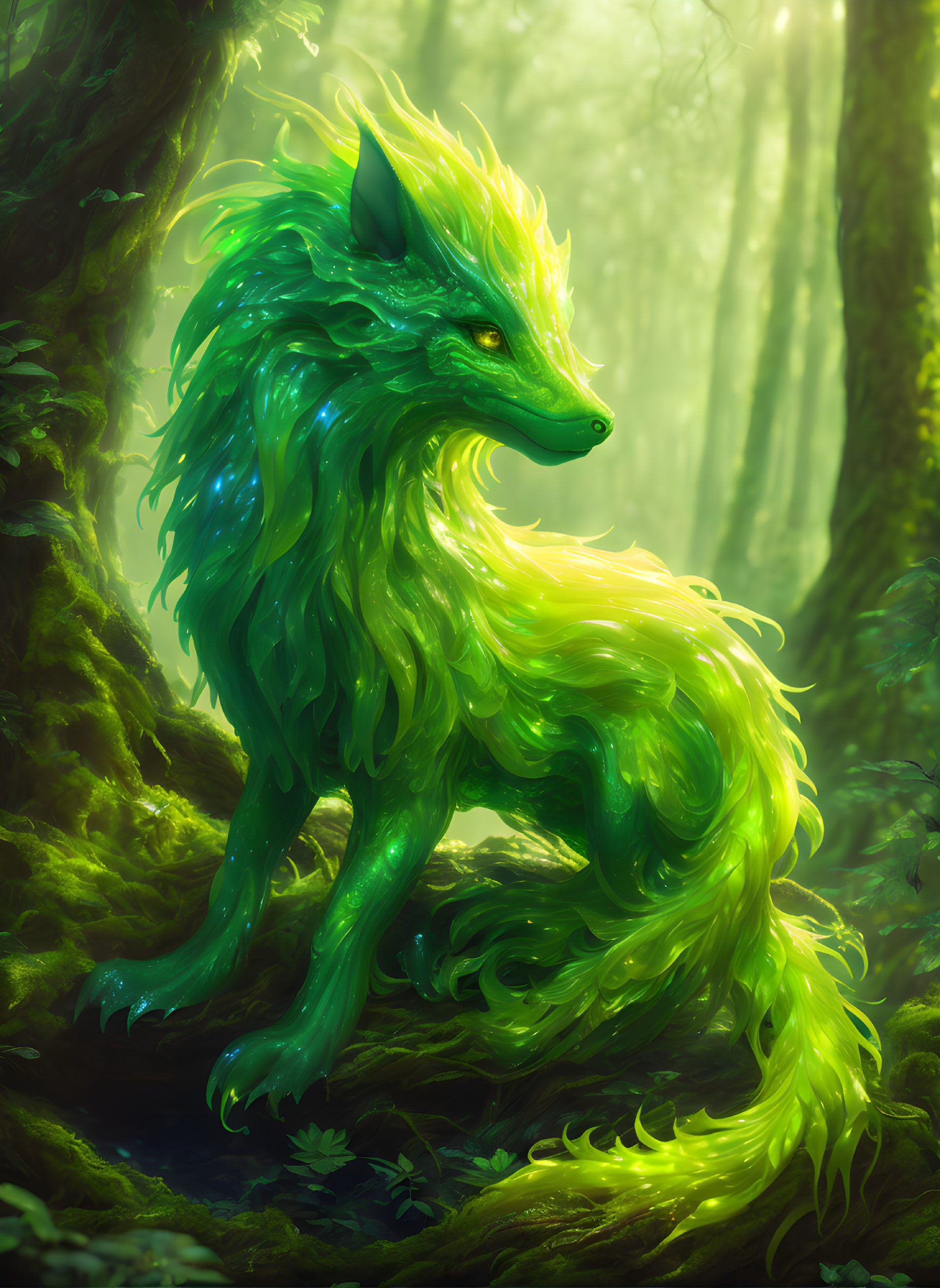 Mystical green wolf-like creature in sunlit forest with leaf fur