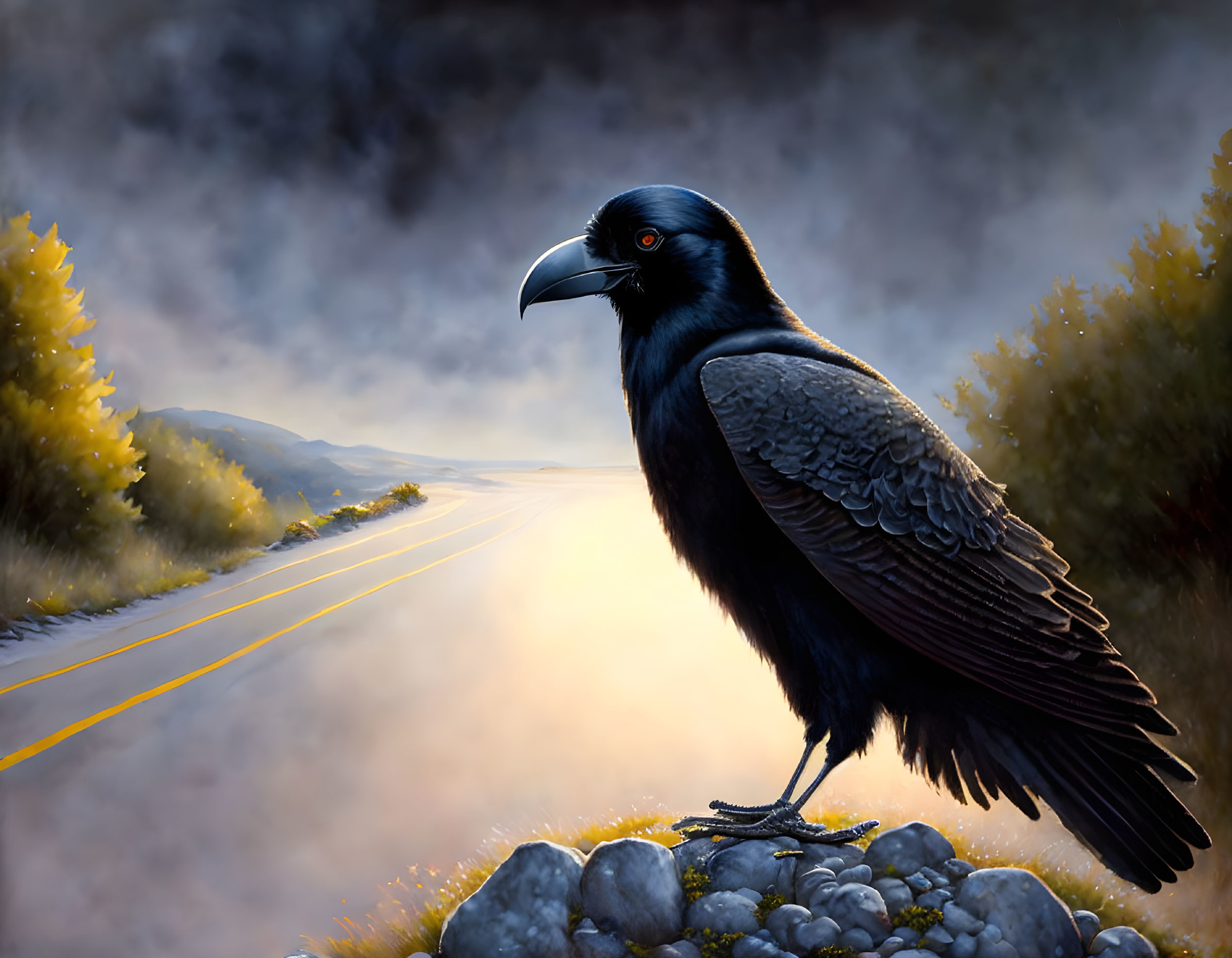 Black raven on rocks at sunrise with mist and trees in background