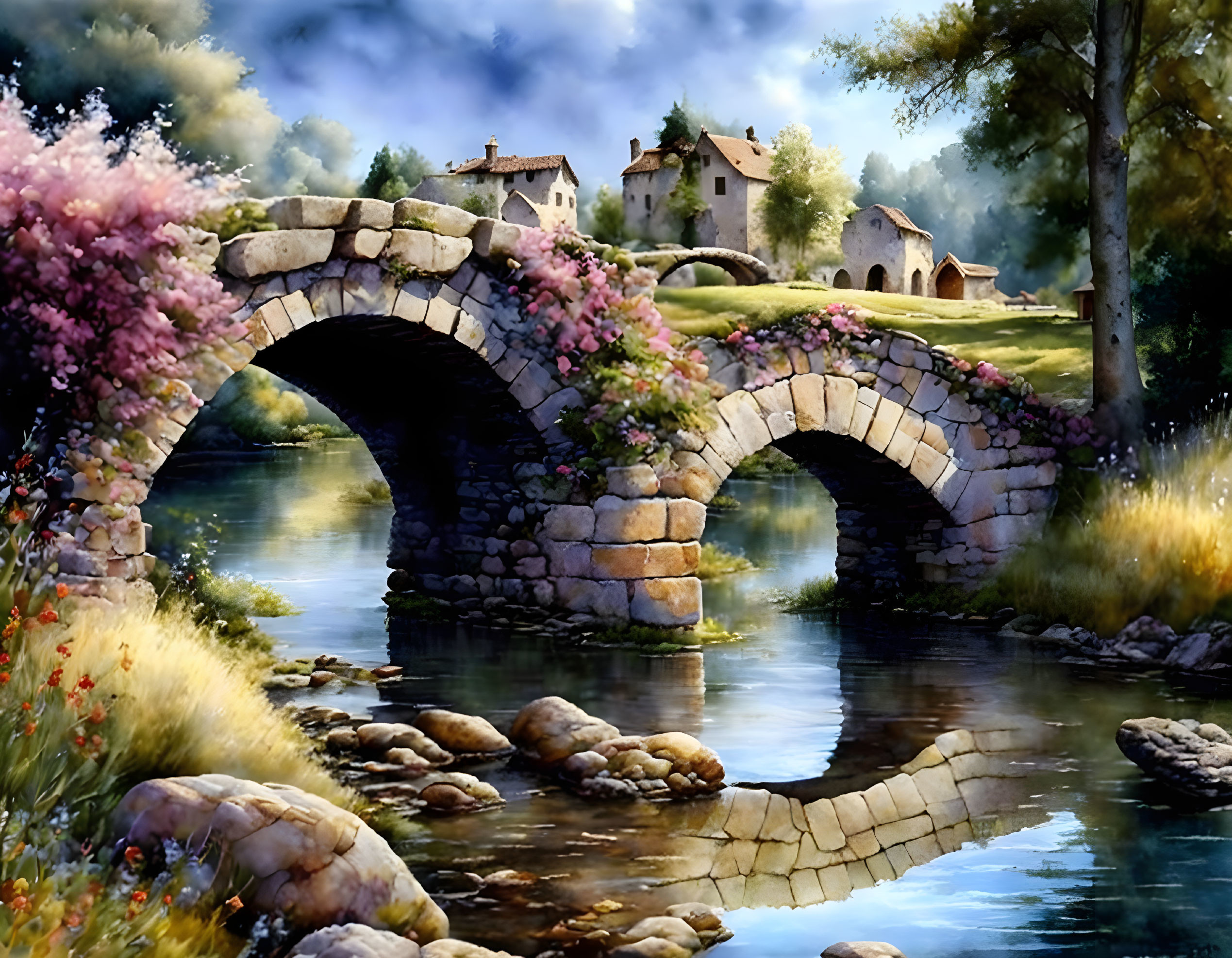 Tranquil river with stone arch bridge, lush greenery, colorful flowers, and quaint houses