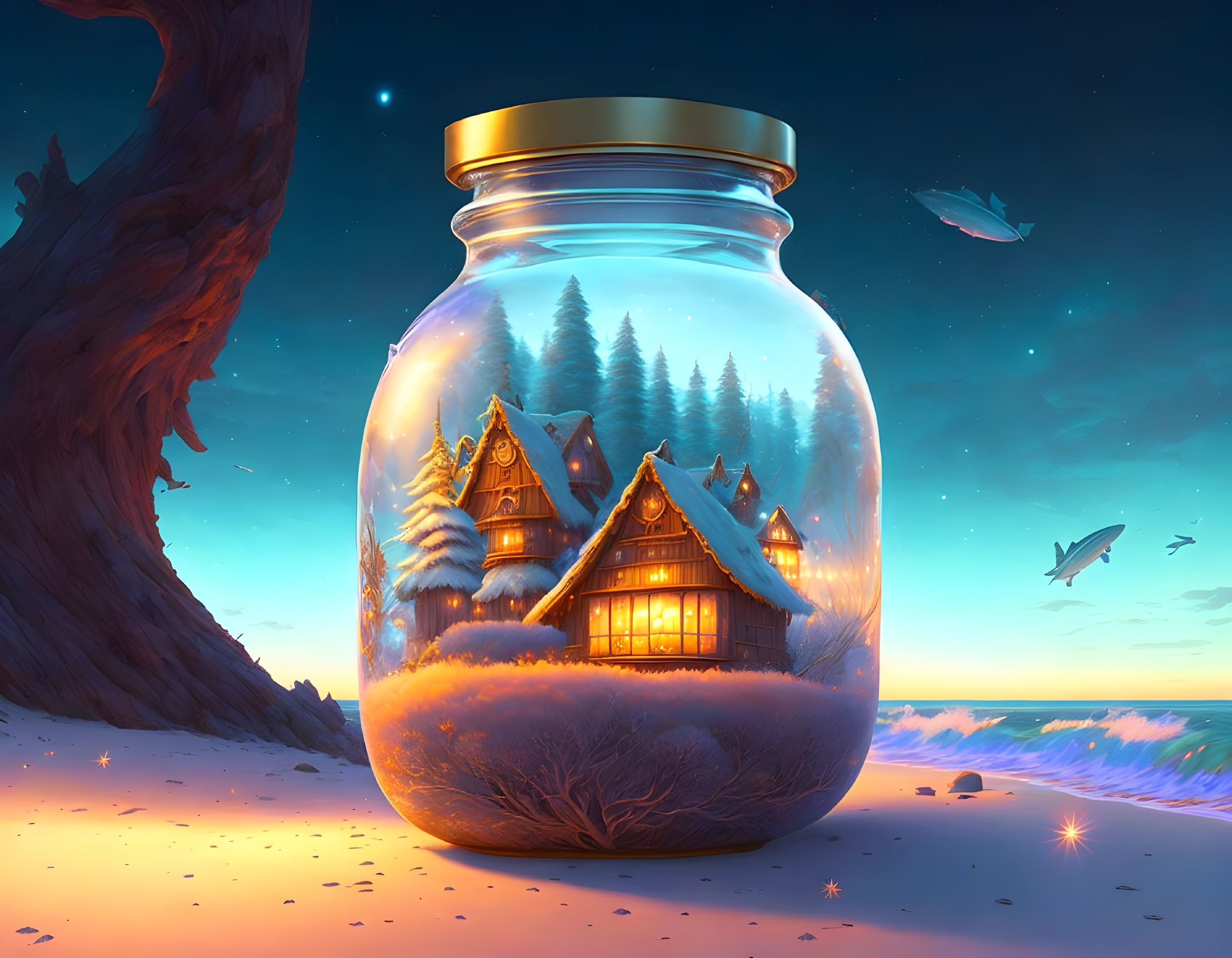 Miniature snowy village in glass jar on beach at twilight