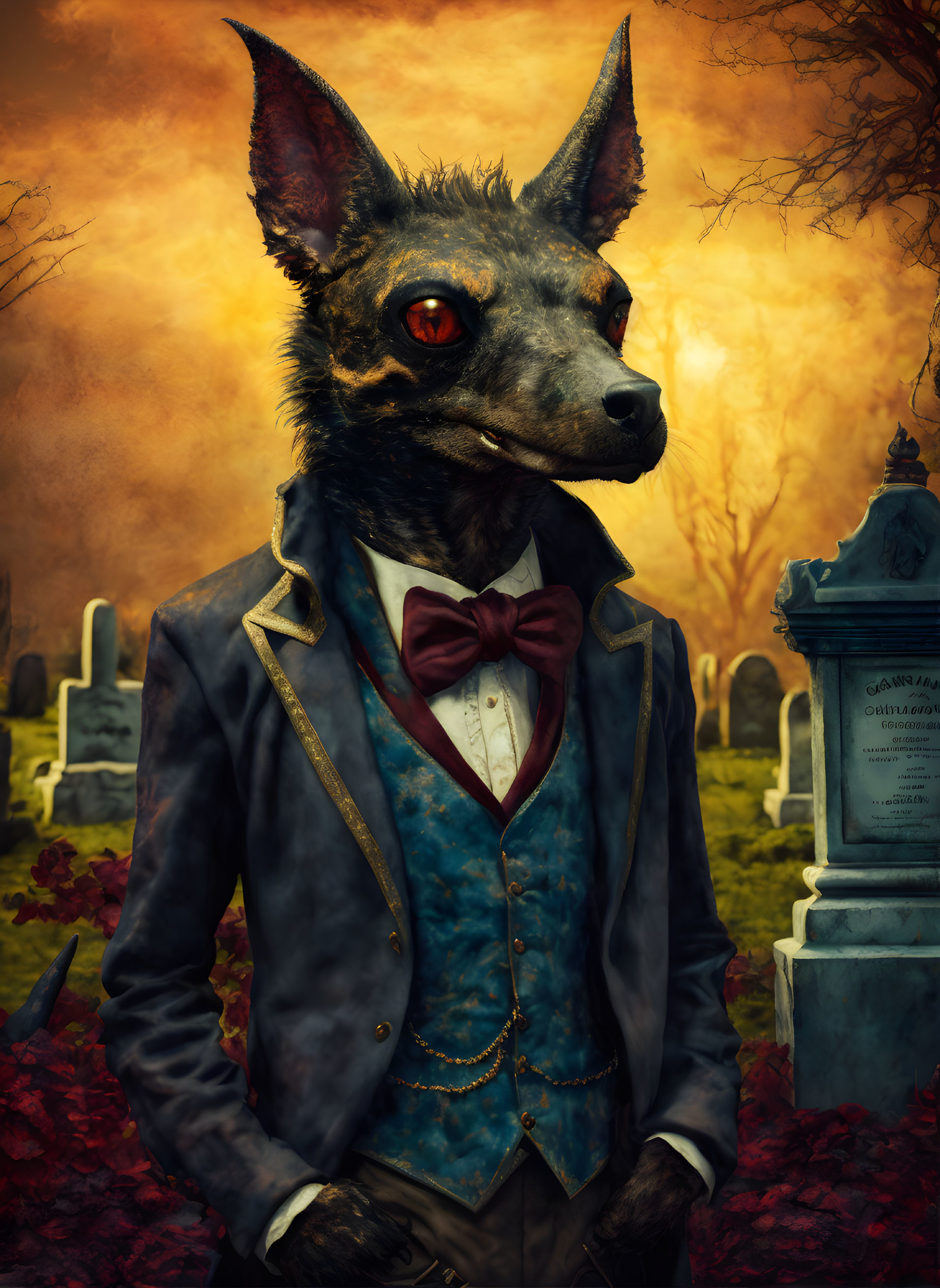 Vintage Suit Anthropomorphic Wolf in Surreal Graveyard Setting