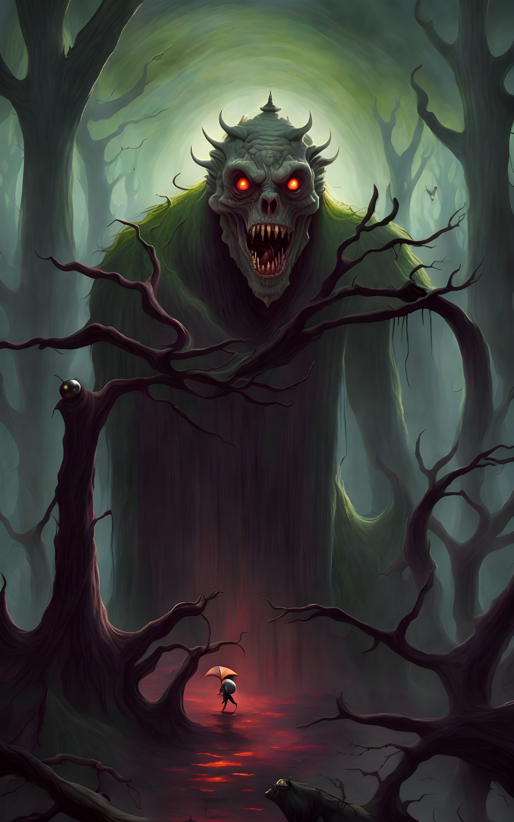 Sinister figure with red eyes in forest, lone figure in eerie setting