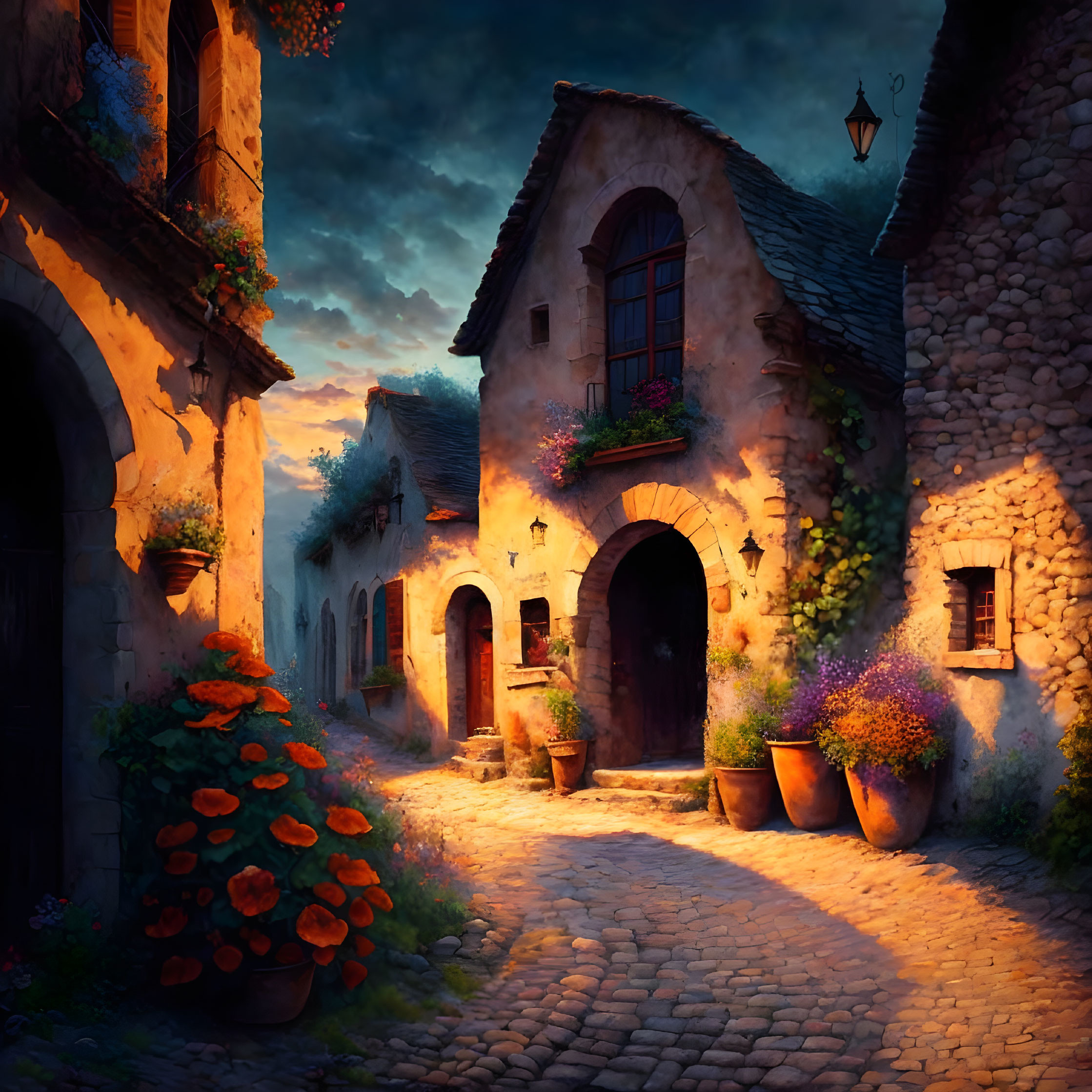 Traditional Stone Houses on Cobblestone Street at Dusk