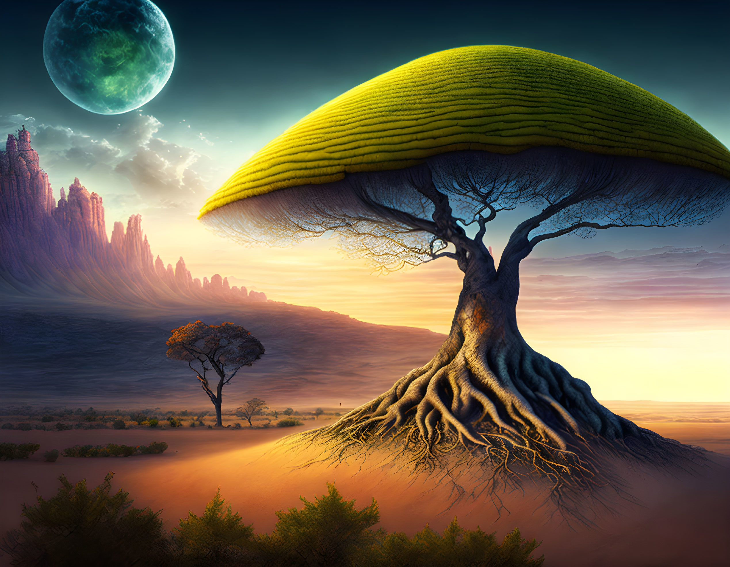 Fantastical landscape with giant mushroom-shaped tree and moon