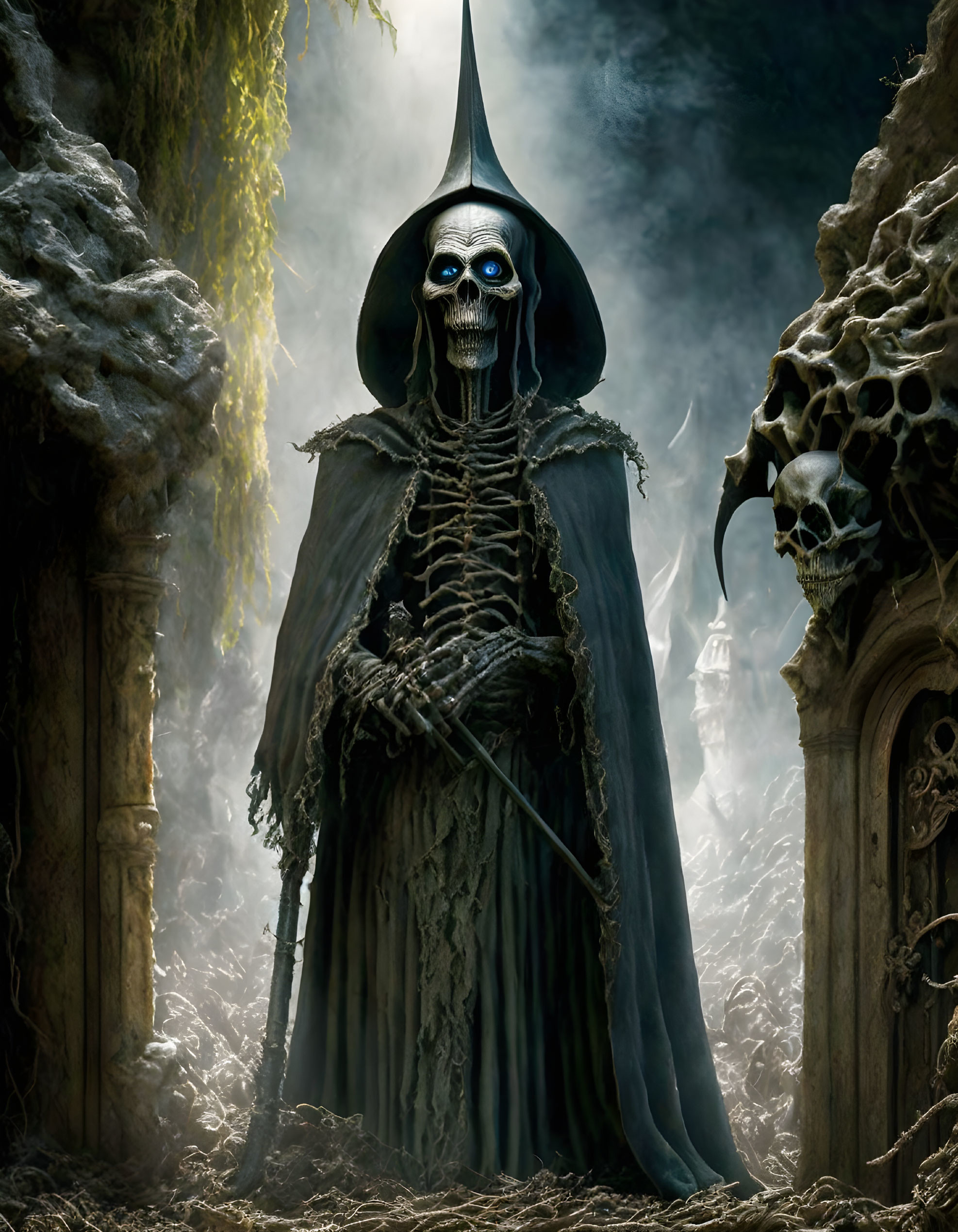 Spooky skeleton in cloak and hat with staff, skulls, mist.