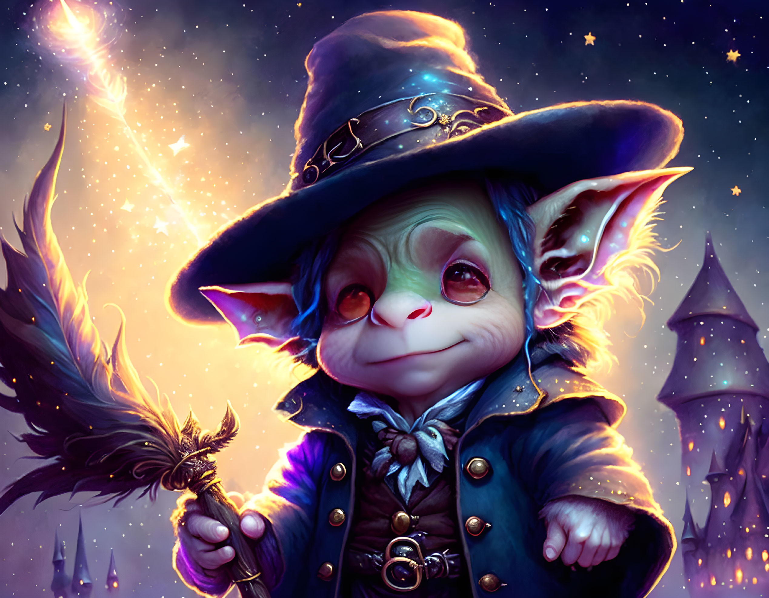 Illustration of cute gnome wizard with glowing wand in twilight scene