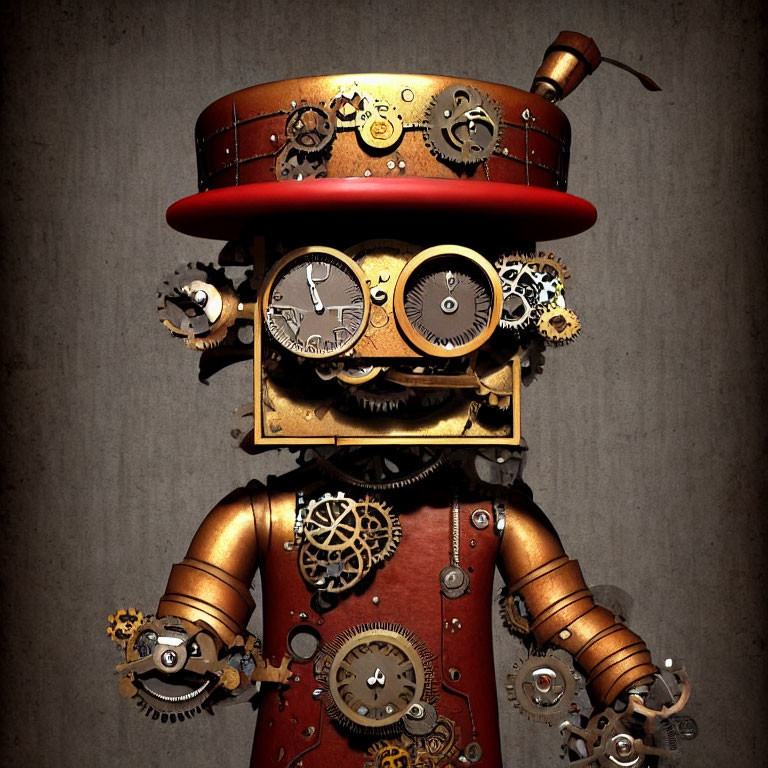 Steampunk-style robot with red top hat and mechanical elements on gray background