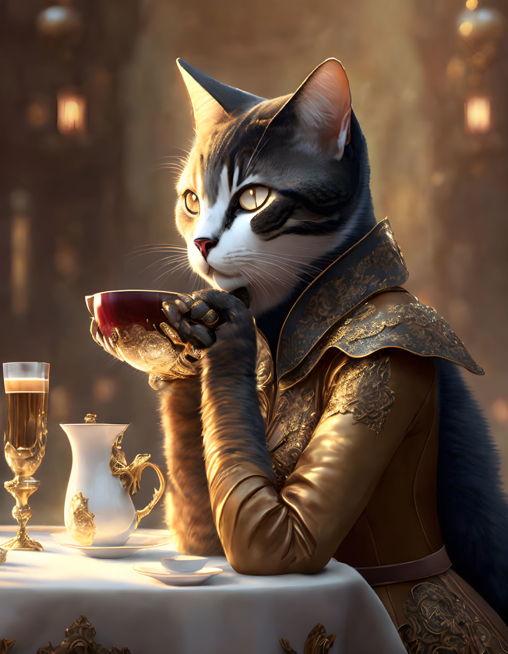 Regal anthropomorphic cat sipping tea at elegant table in warm-lit room