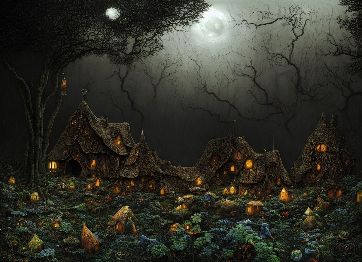 Nighttime Enchanted Forest with Mushroom Houses and Full Moon