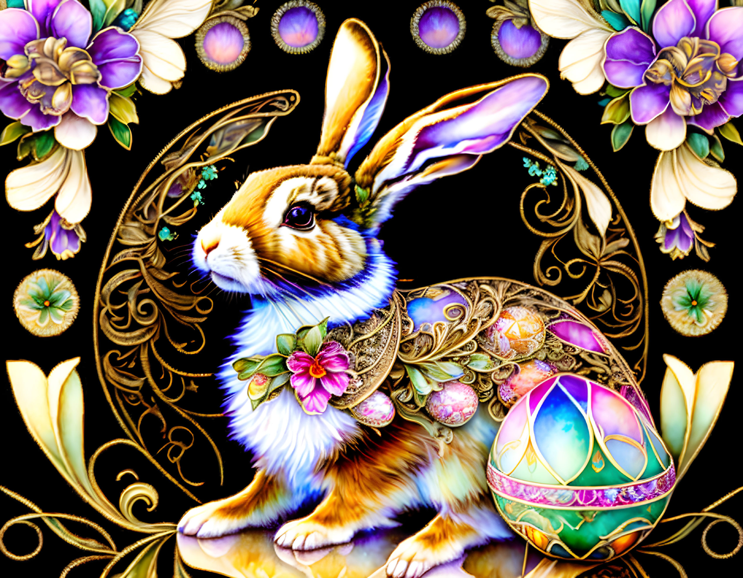 Vibrant ornate rabbit illustration with floral and jeweled details on black background.