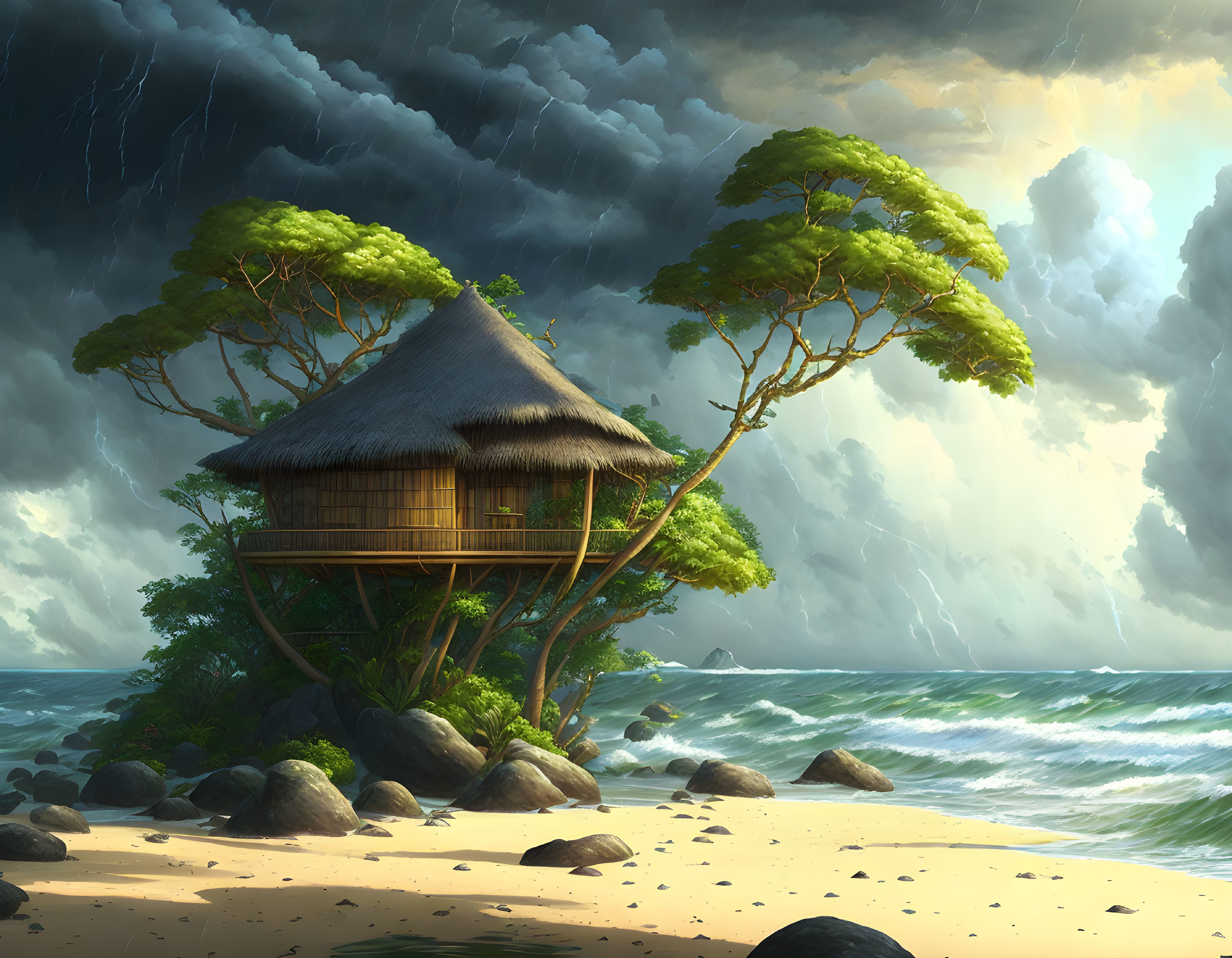 Thatched-Roof Hut on Tree Over Stormy Beach