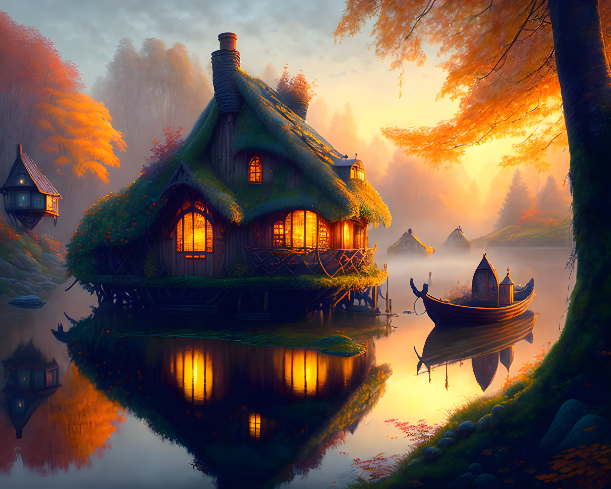 Thatched cottage by calm lake, autumn trees, boat, warm sunset light