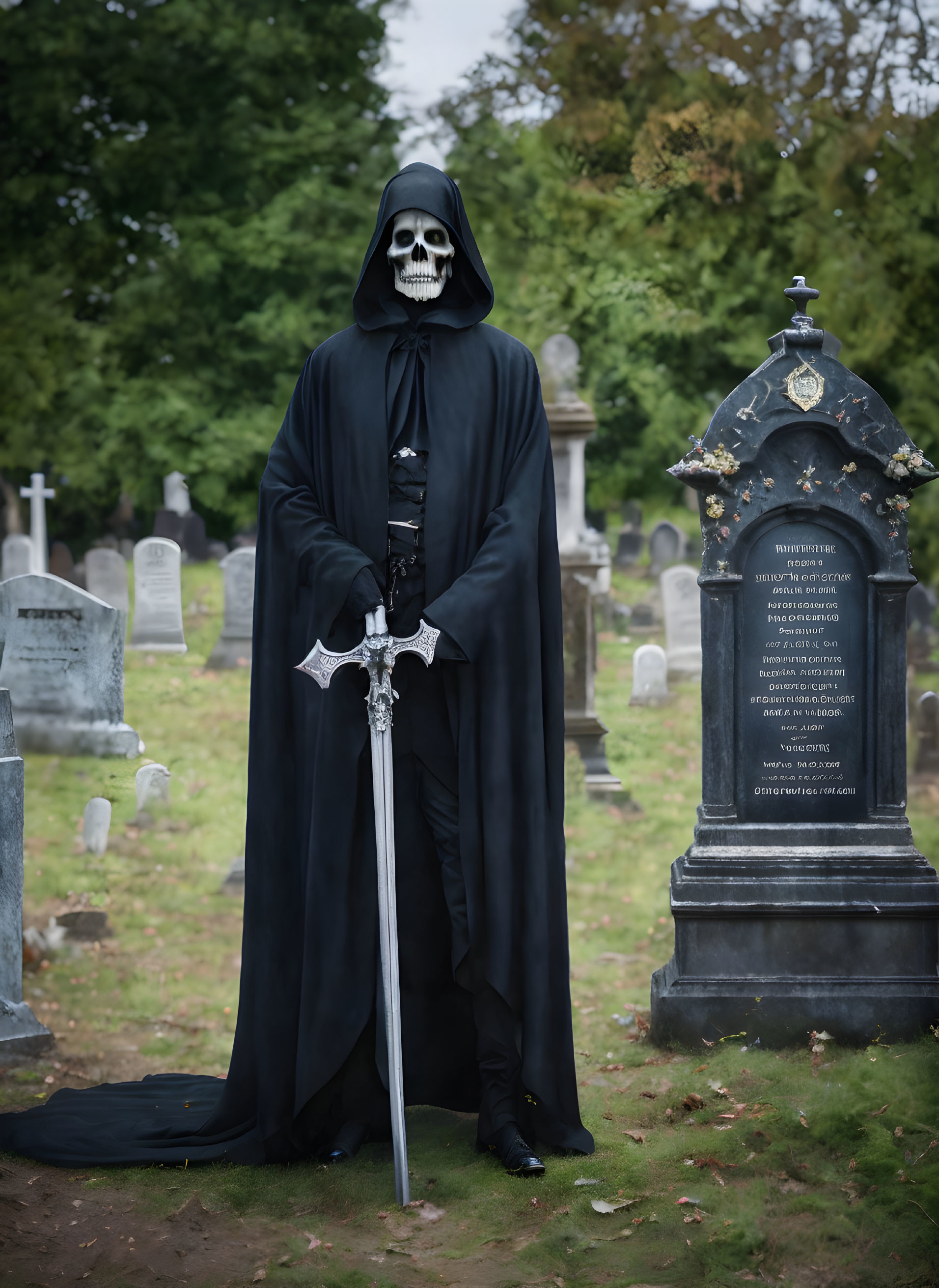 Person in Grim Reaper Costume with Skull Mask and Scythe in Cemetery