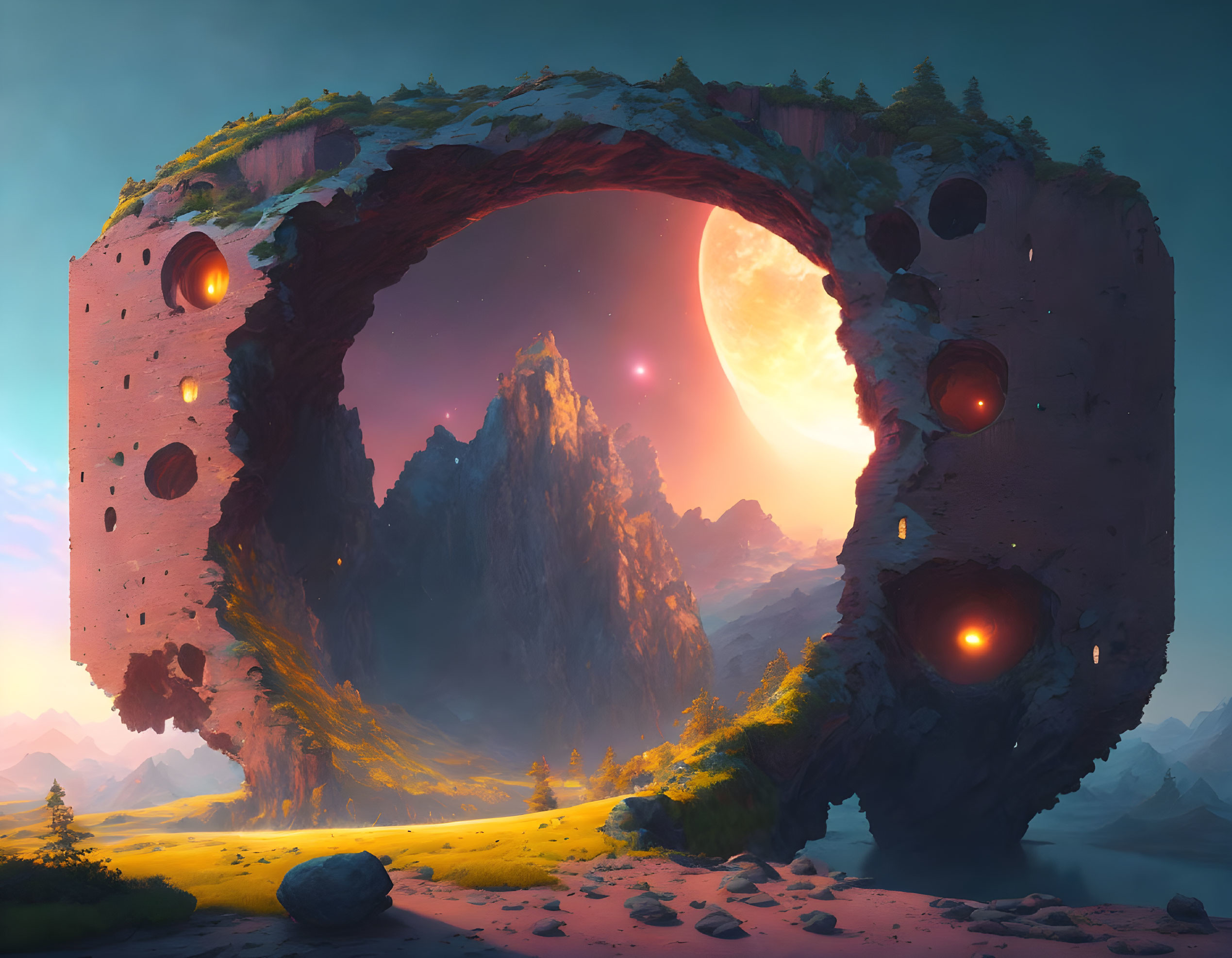 Majestic rocky arch with glowing windows in fantasy landscape