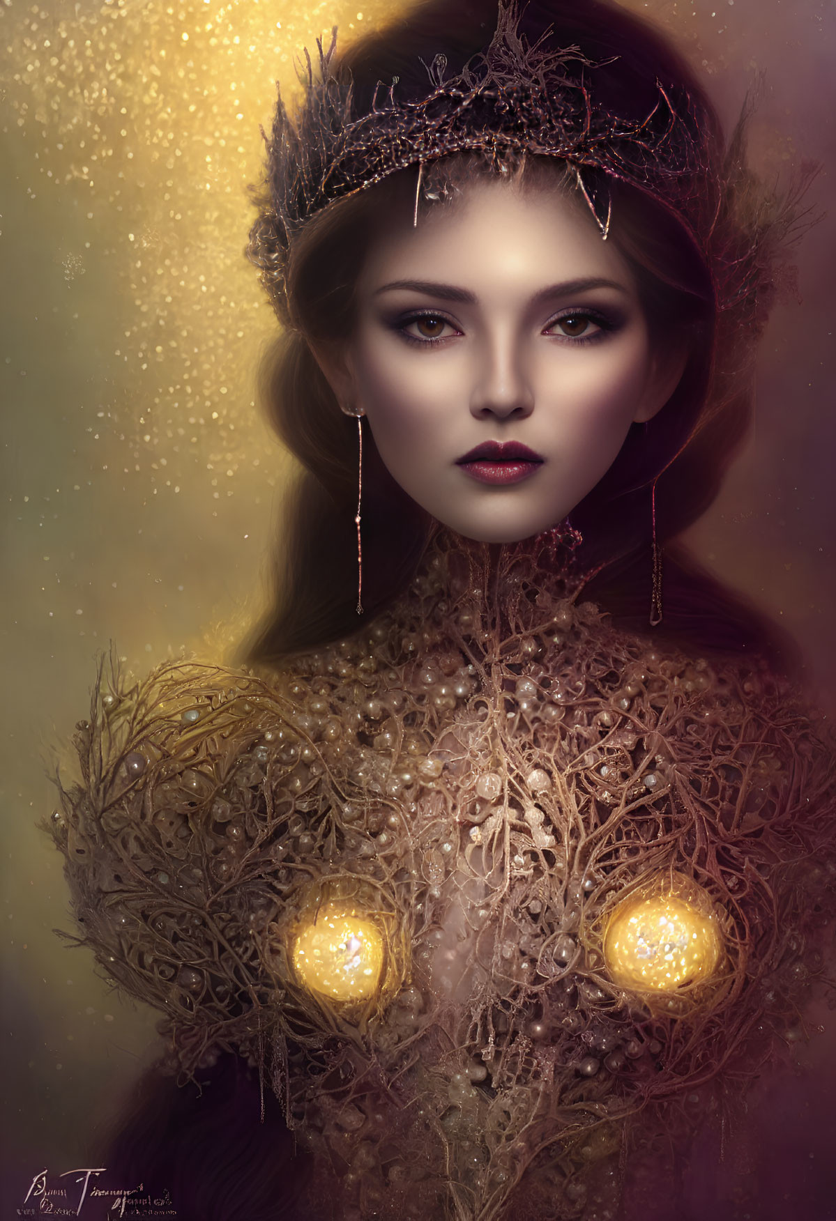 Digital portrait of a woman in regal attire with glowing accessories and mystical lighting, embodying an eth