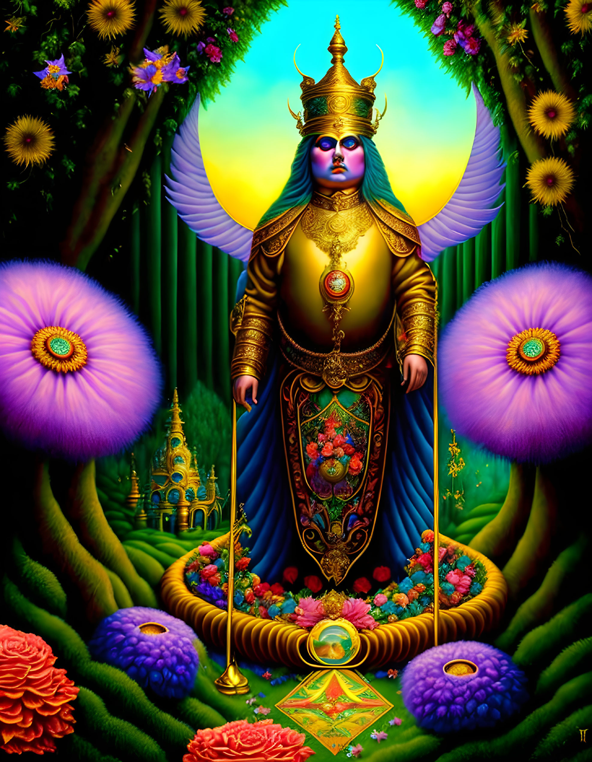 Vibrant deity illustration with multiple arms and golden headgear