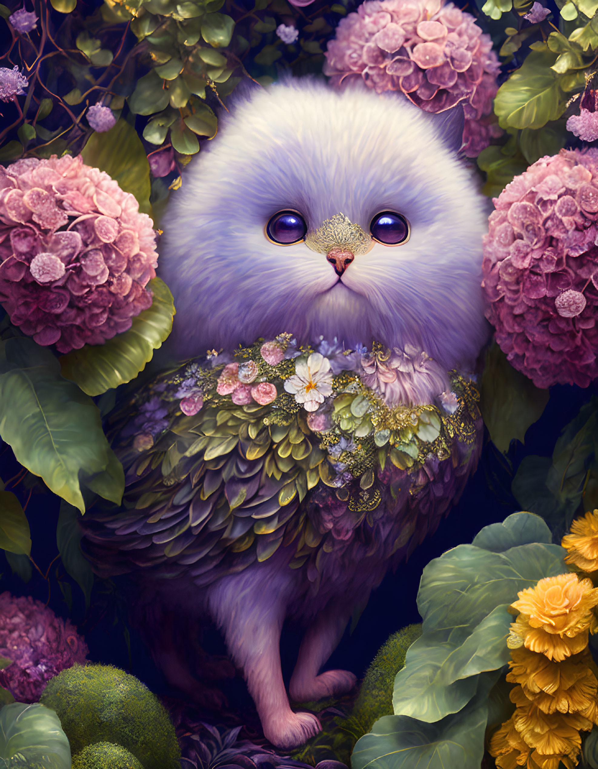 Fluffy Purple Creature with Shining Eyes in Floral Setting