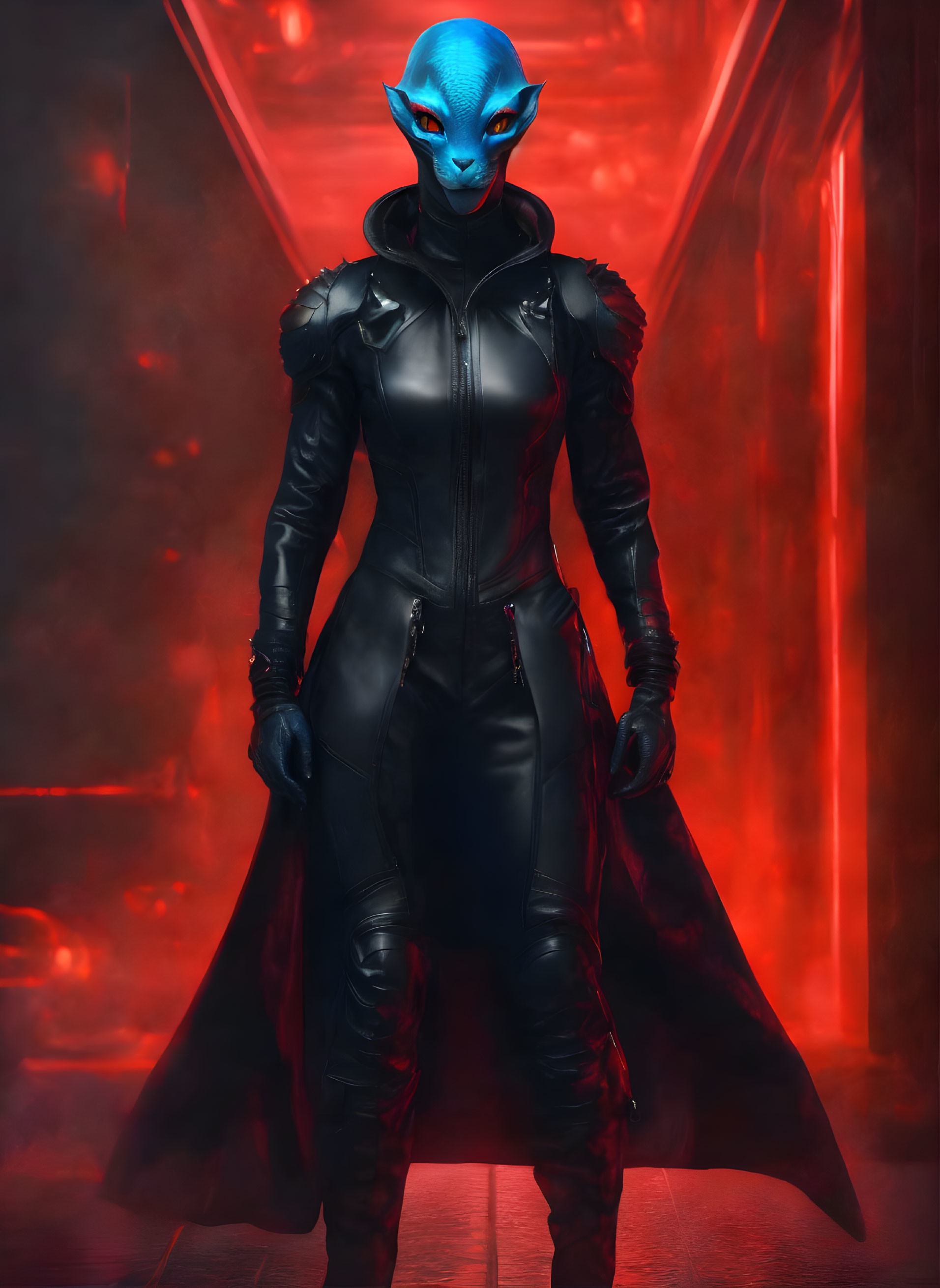 Blue-skinned figure in futuristic black outfit in red-lit corridor