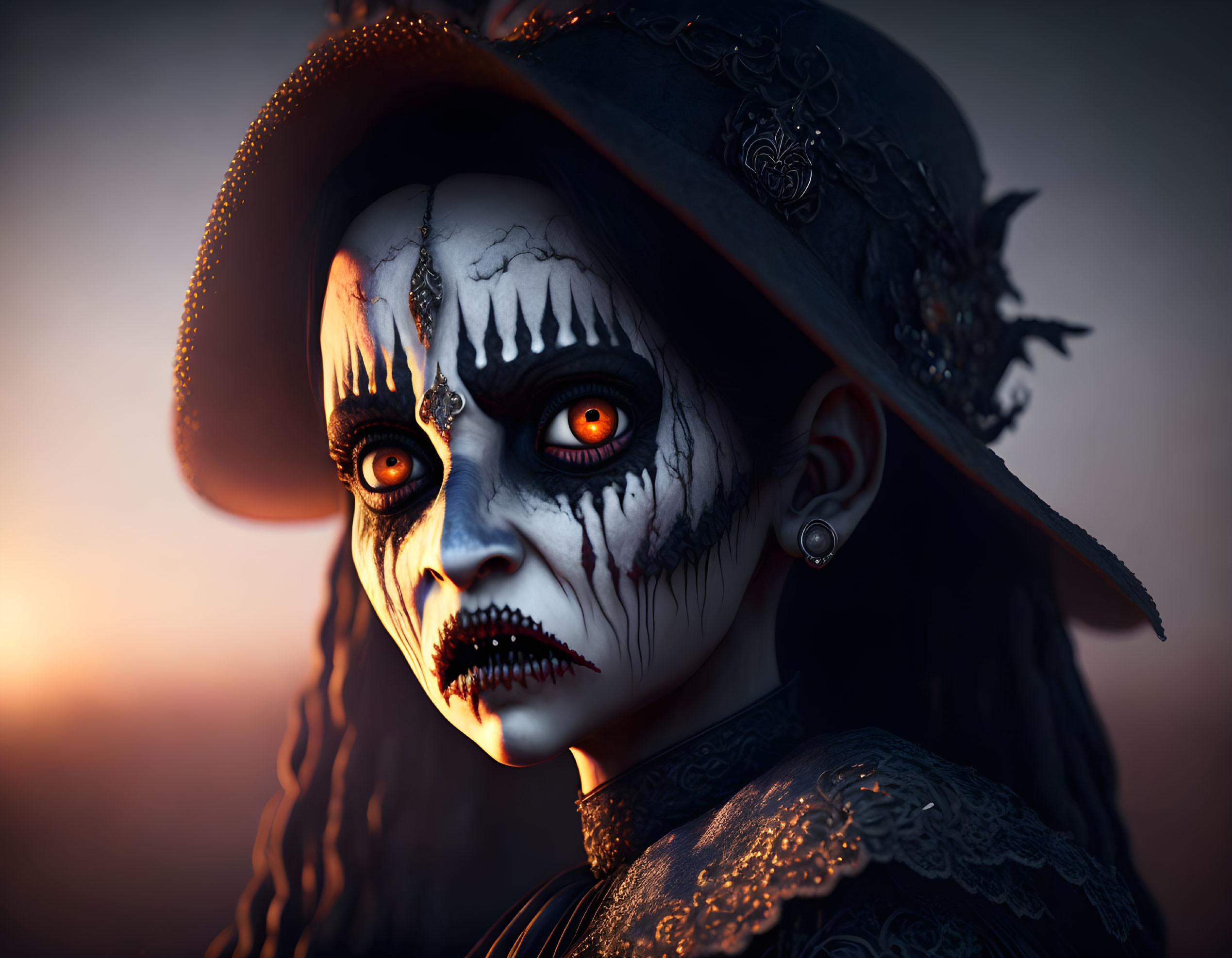 Eerie skull face paint with red eyes and Victorian attire portrait