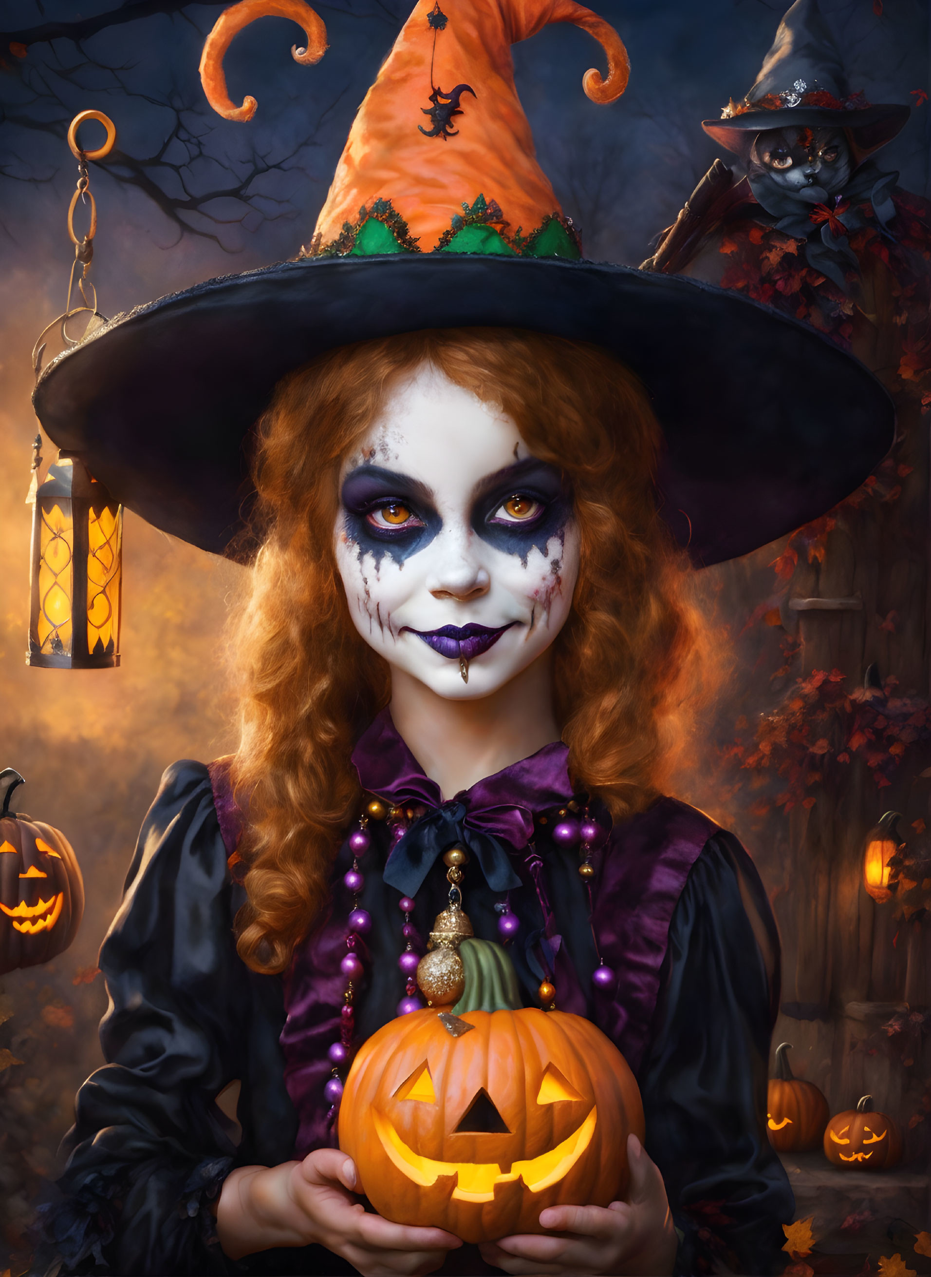 Person in Skull Makeup Wearing Witch Costume with Jack-o'-lantern in Halloween Setting