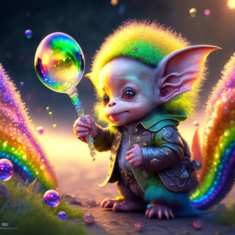 Whimsical digital artwork of cute creature with large ears and green hair holding a wand in magical scene