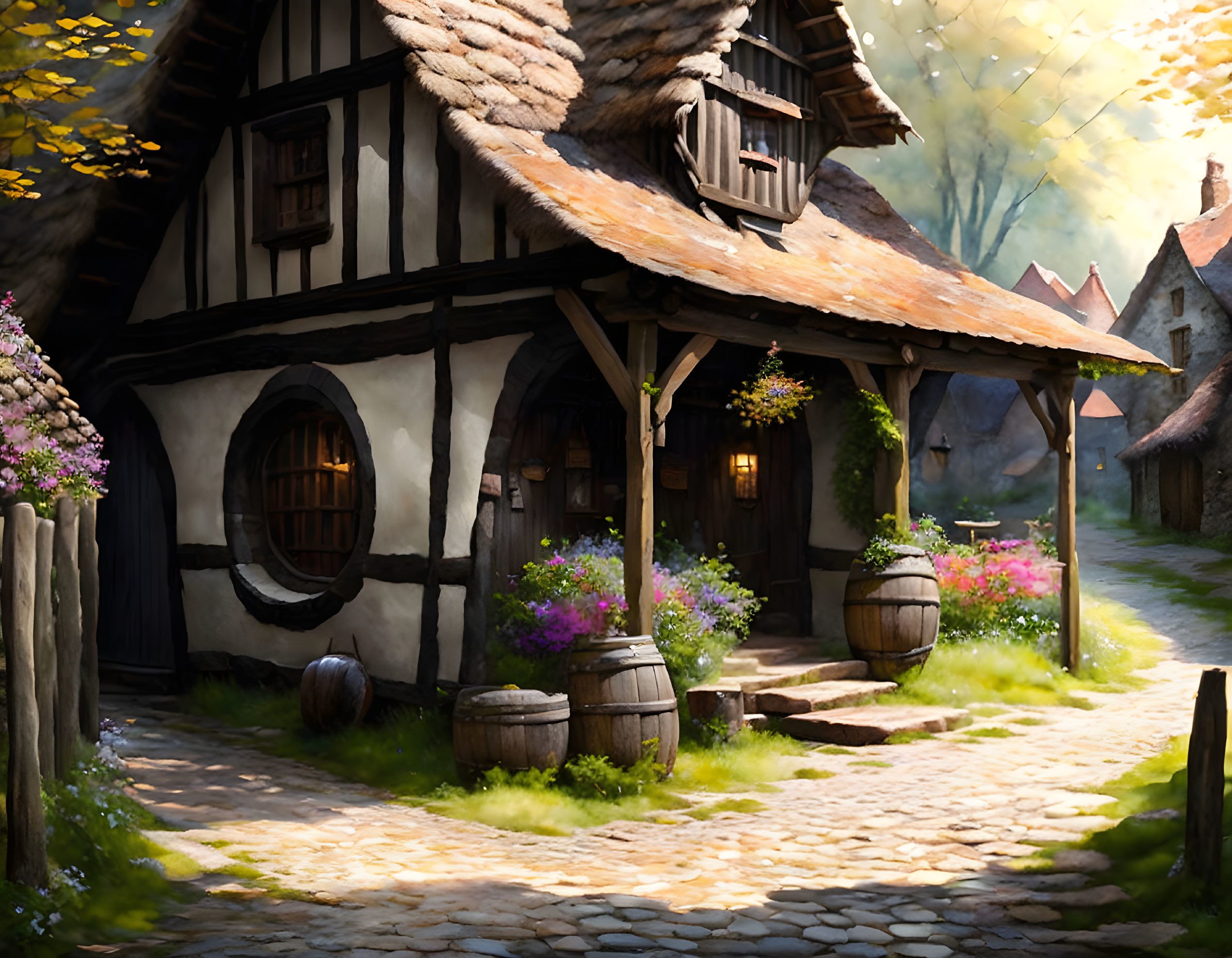 Thatched-Roof Cottage with Flowers in Peaceful Village