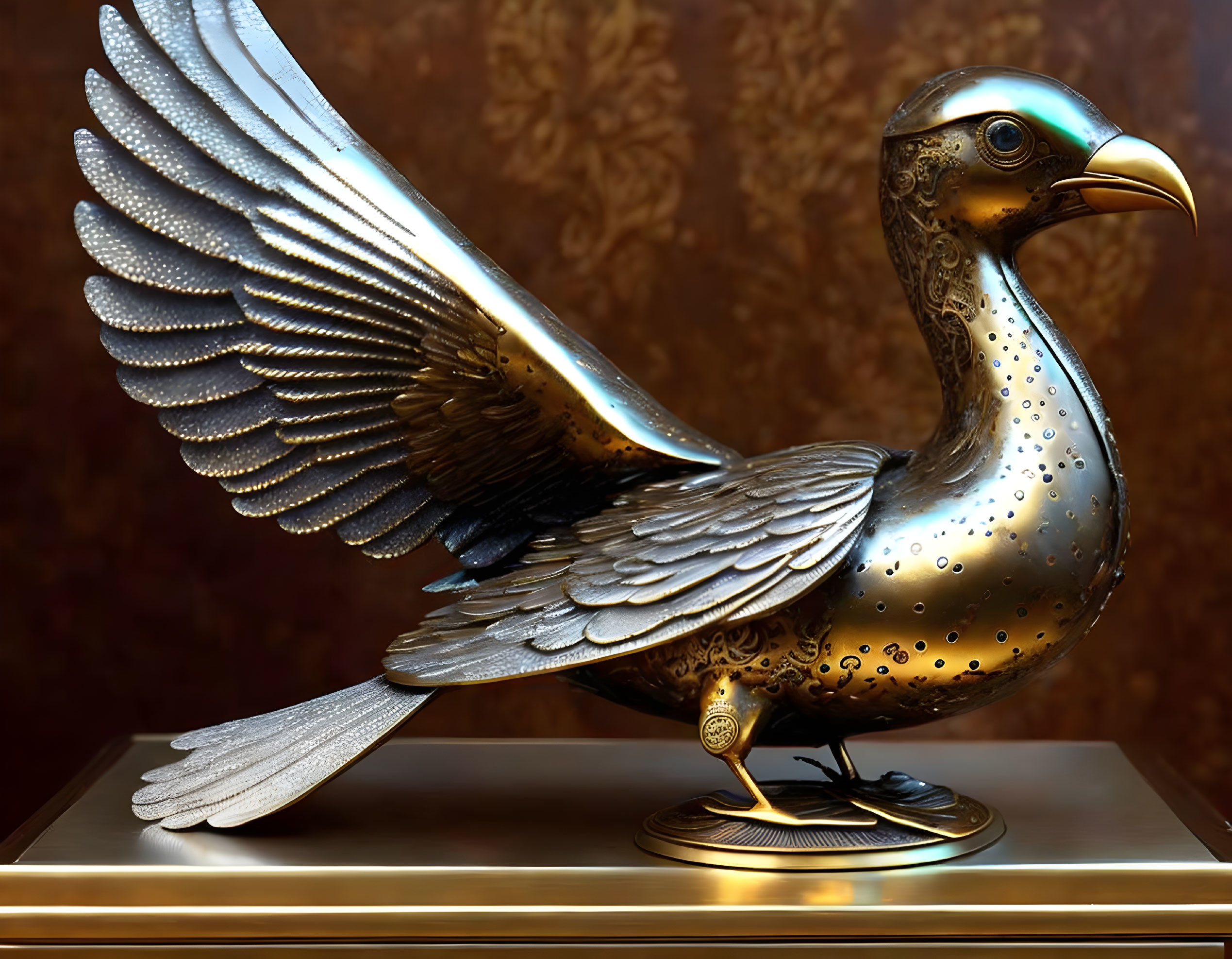 Detailed Metallic Bird Sculpture with Outstretched Wing on Pedestal