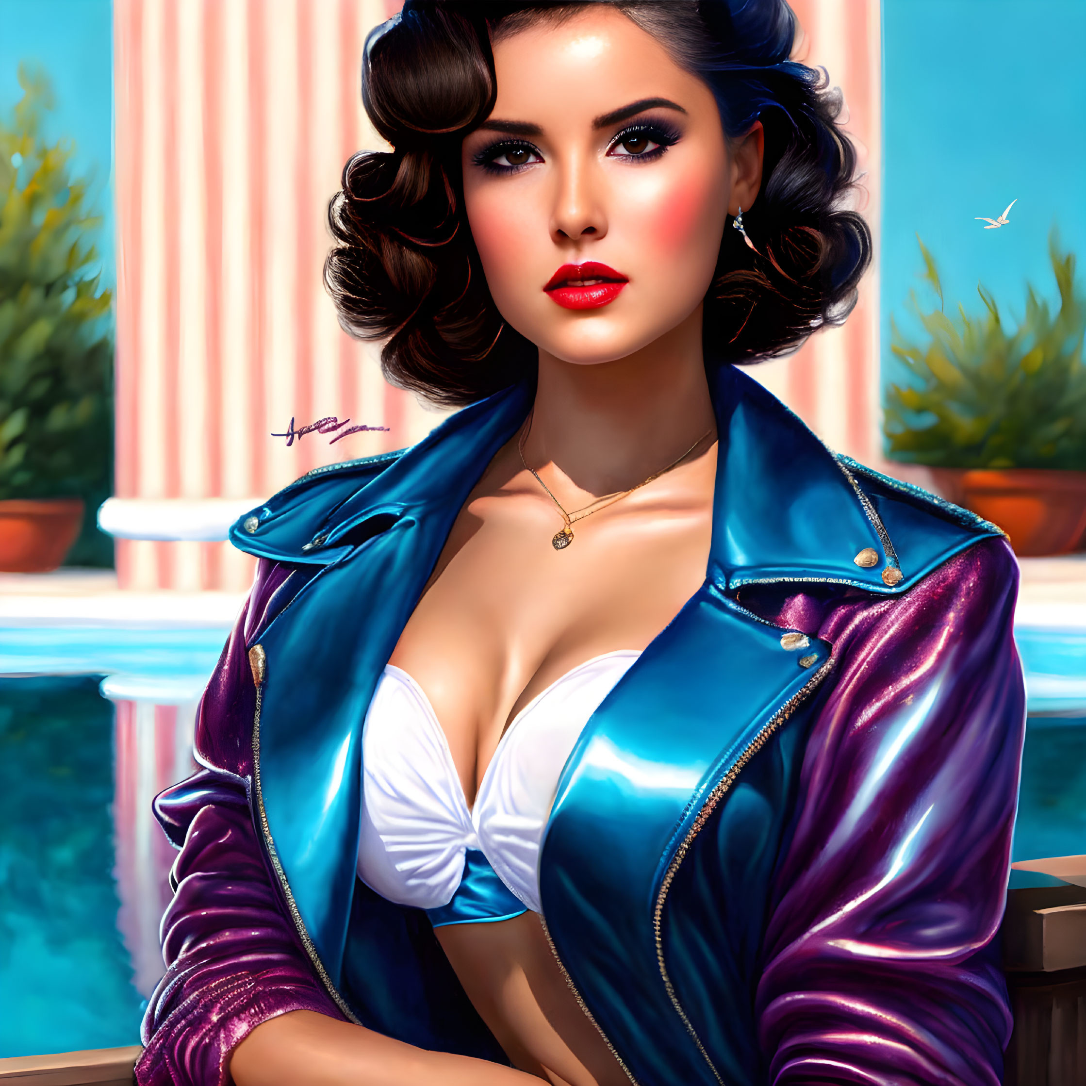 Digital illustration: Woman with vintage waves hairstyle in white top, purple jacket, gold necklace by pool