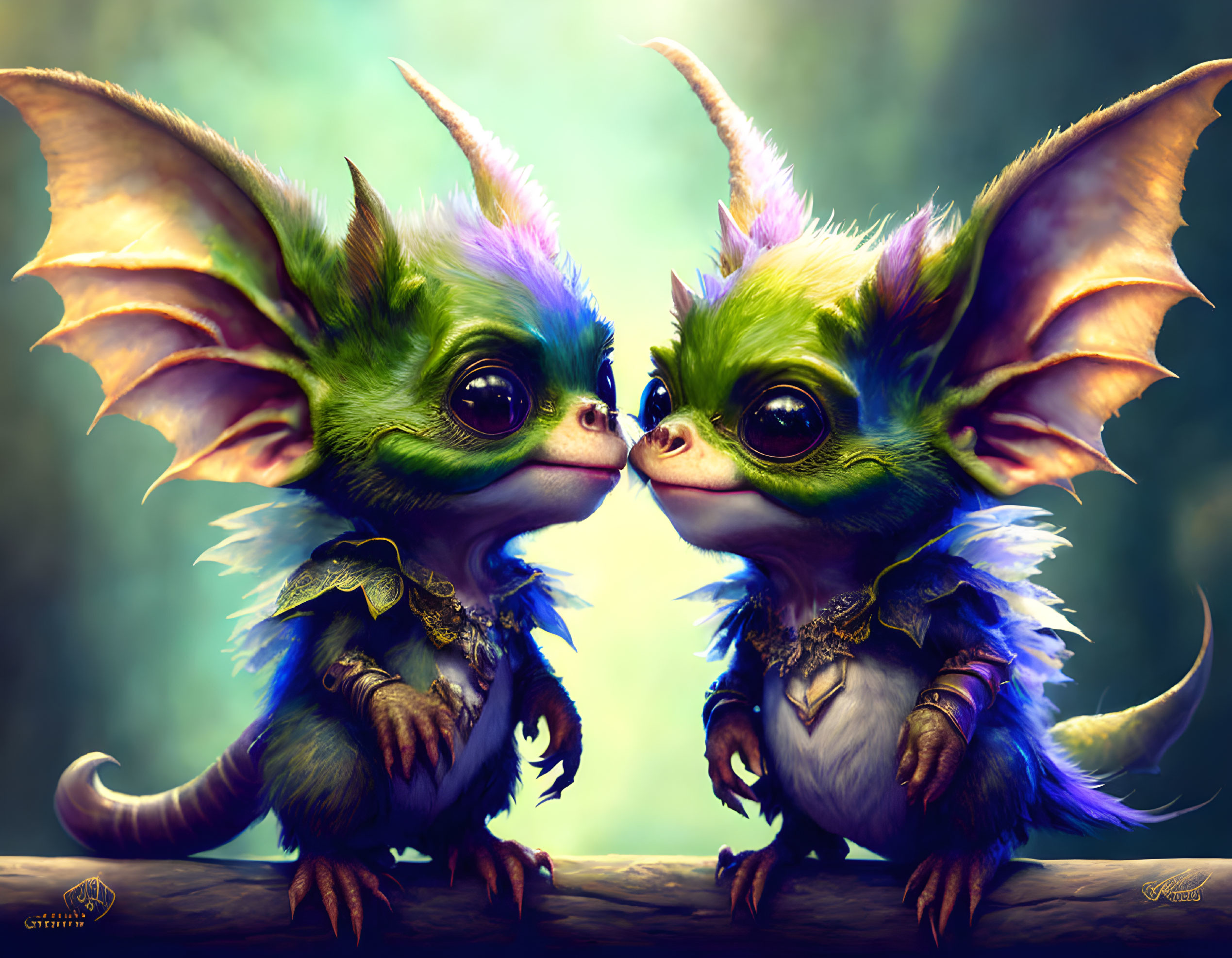 Whimsical dragon-like creatures with large eyes and wings in face-to-face interaction