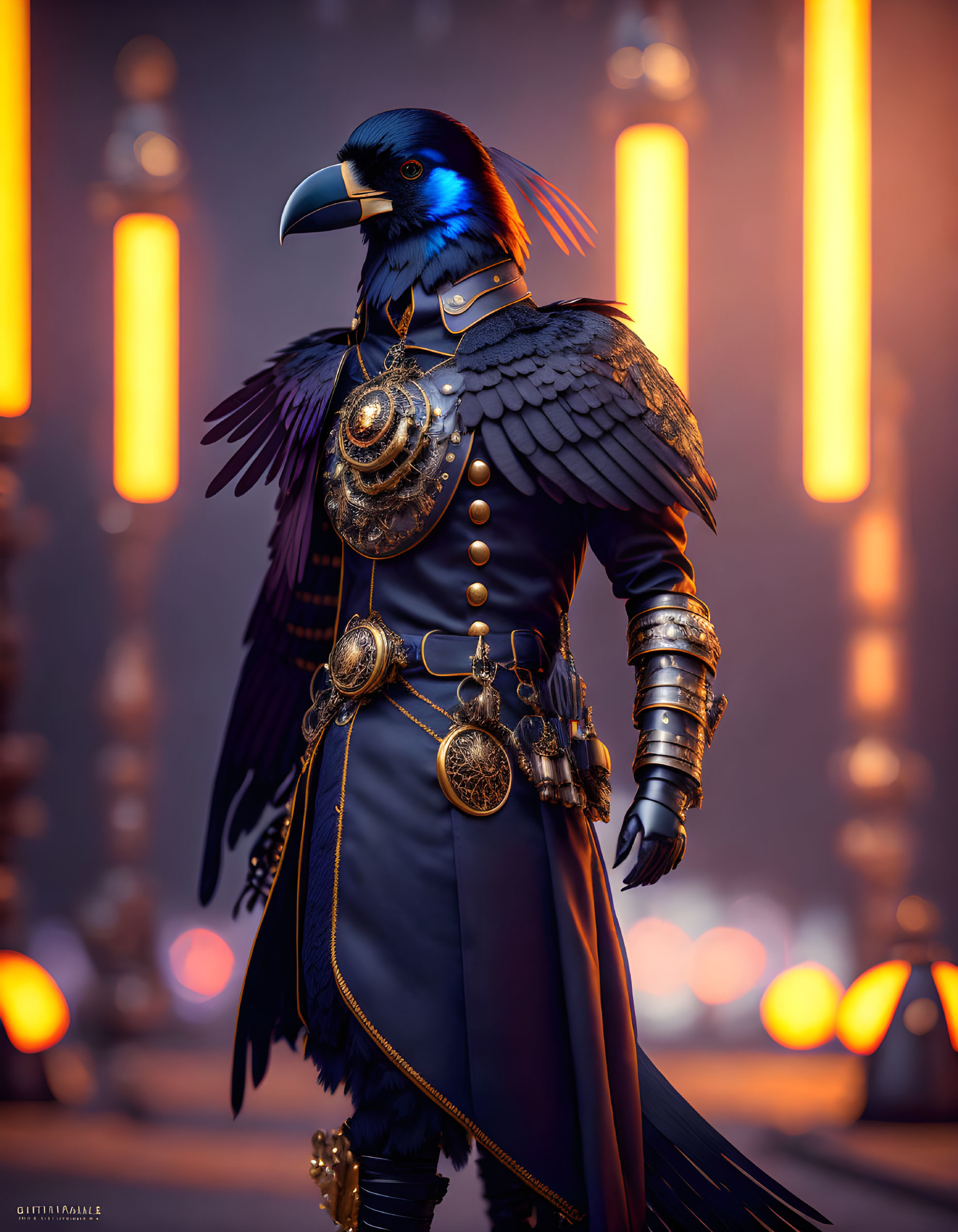 Regal anthropomorphic raven in ornate armor with golden accents and blue glow.