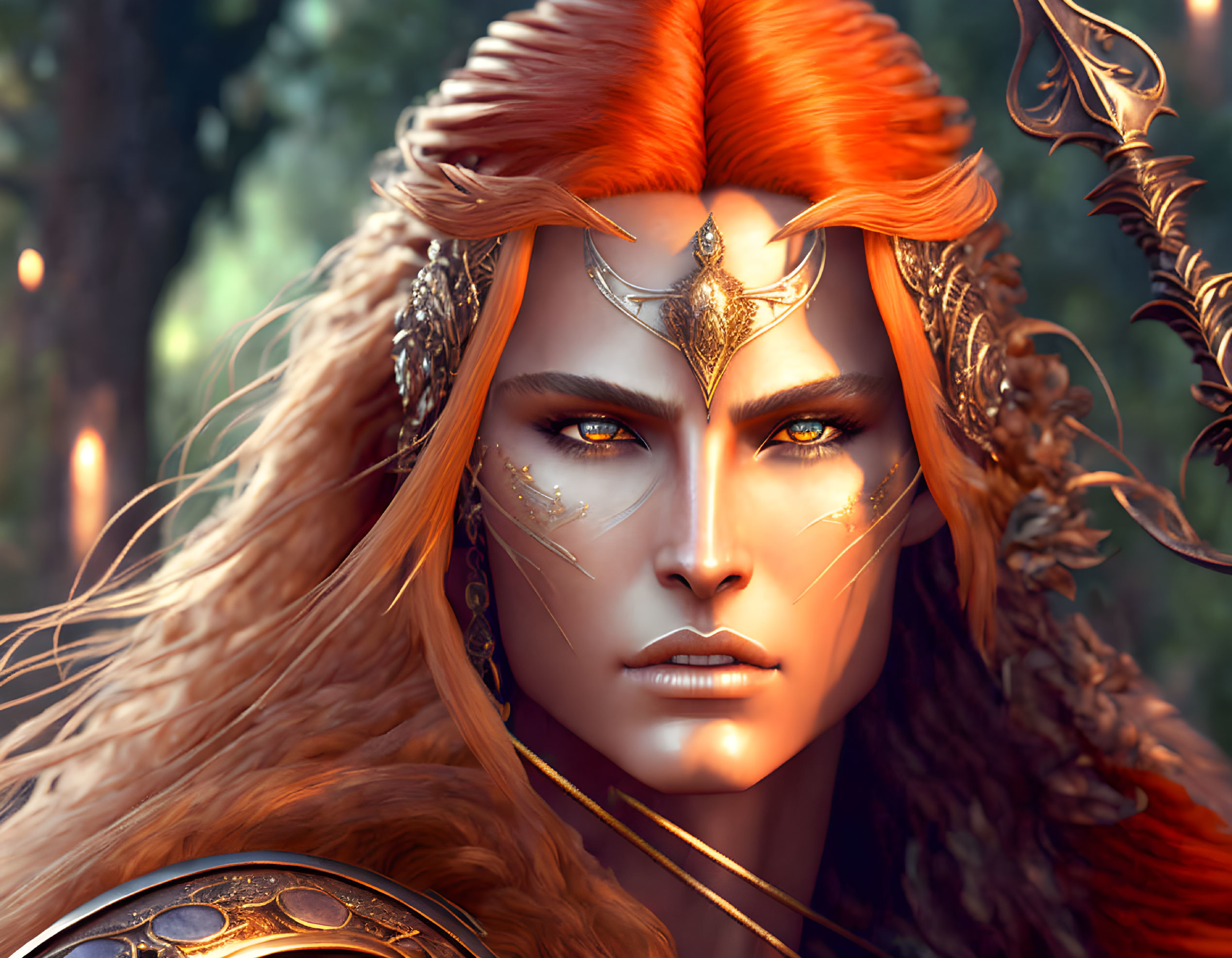 Fantasy character with red hair and golden armor in enchanted forest