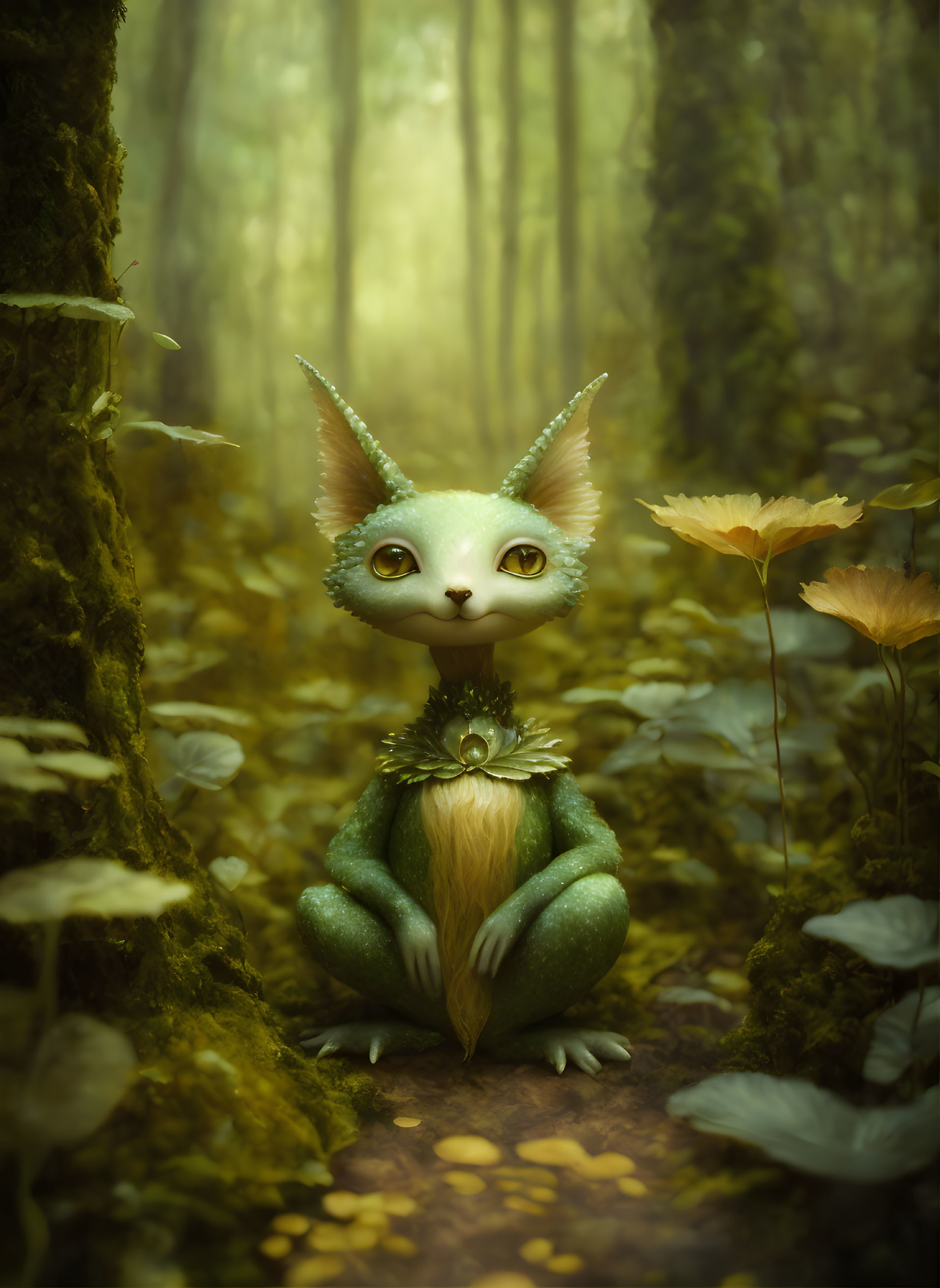 Whimsical cat-faced creature in mystical forest with tall trees