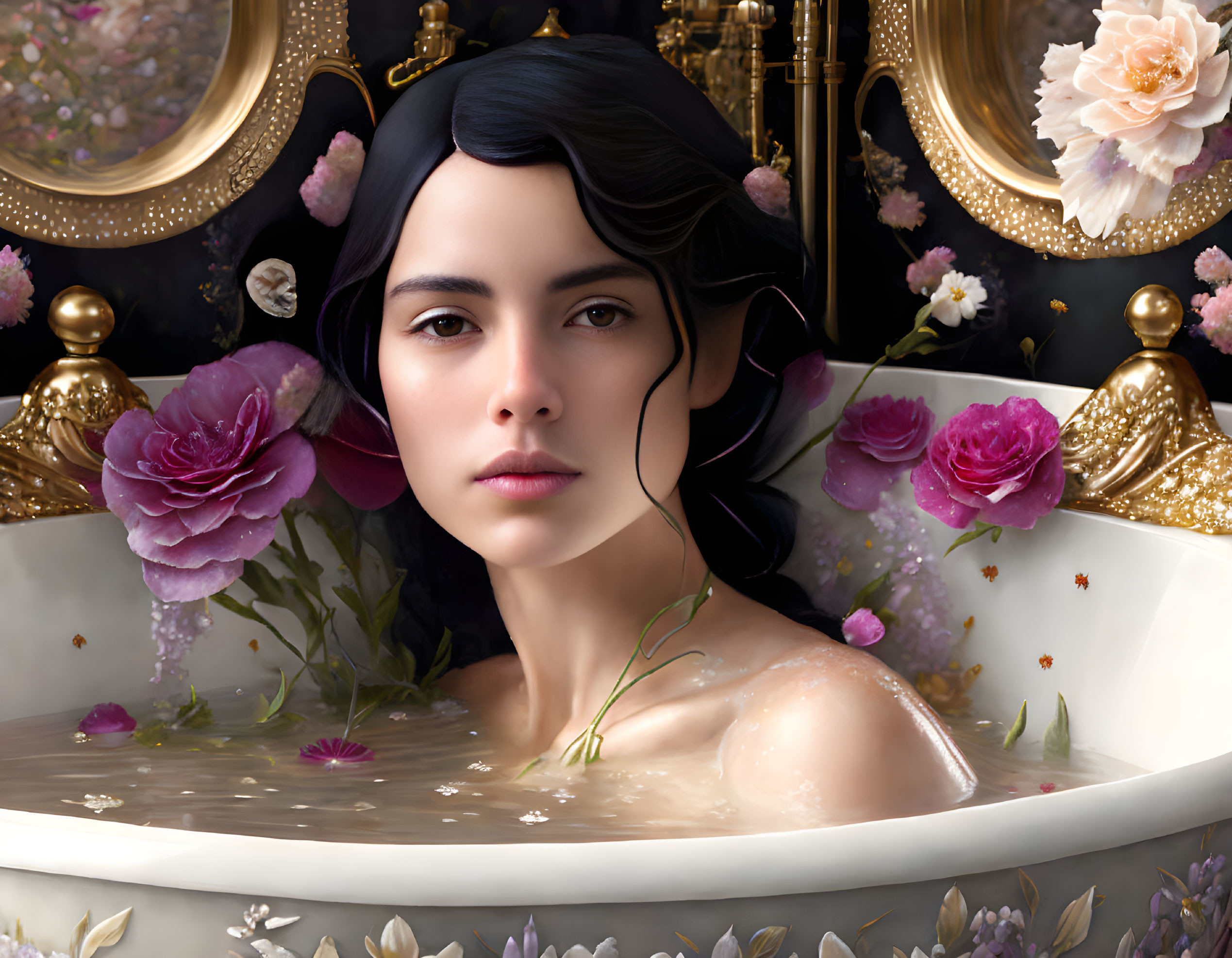 Dark-haired woman bathes with purple and pink flowers and golden fixtures