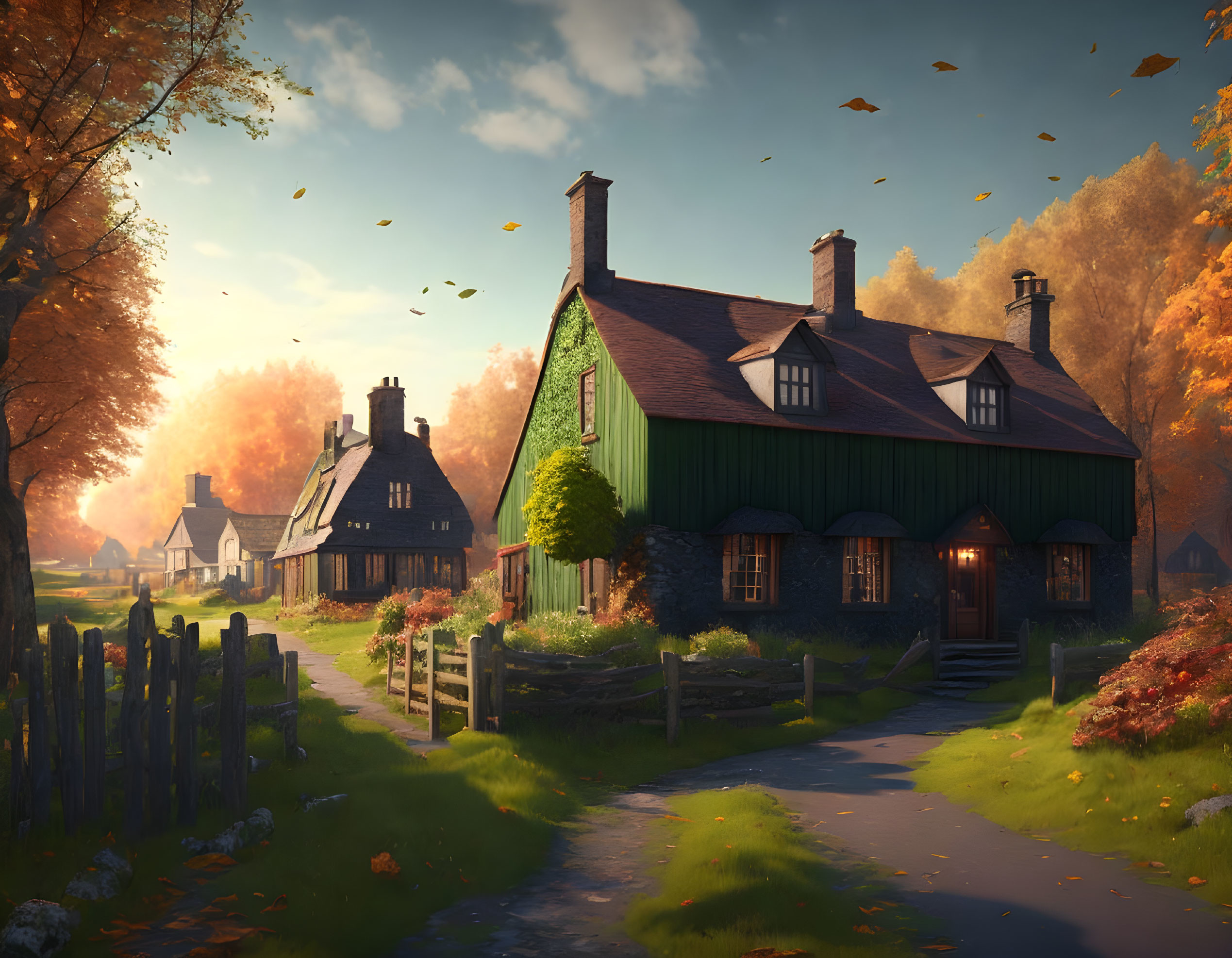 Tranquil autumn village with winding path and falling leaves