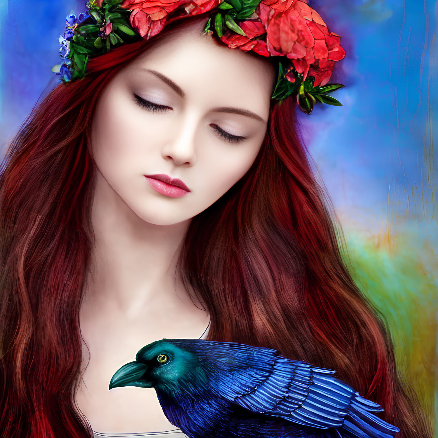 Red-haired woman with floral crown and blue raven on abstract background