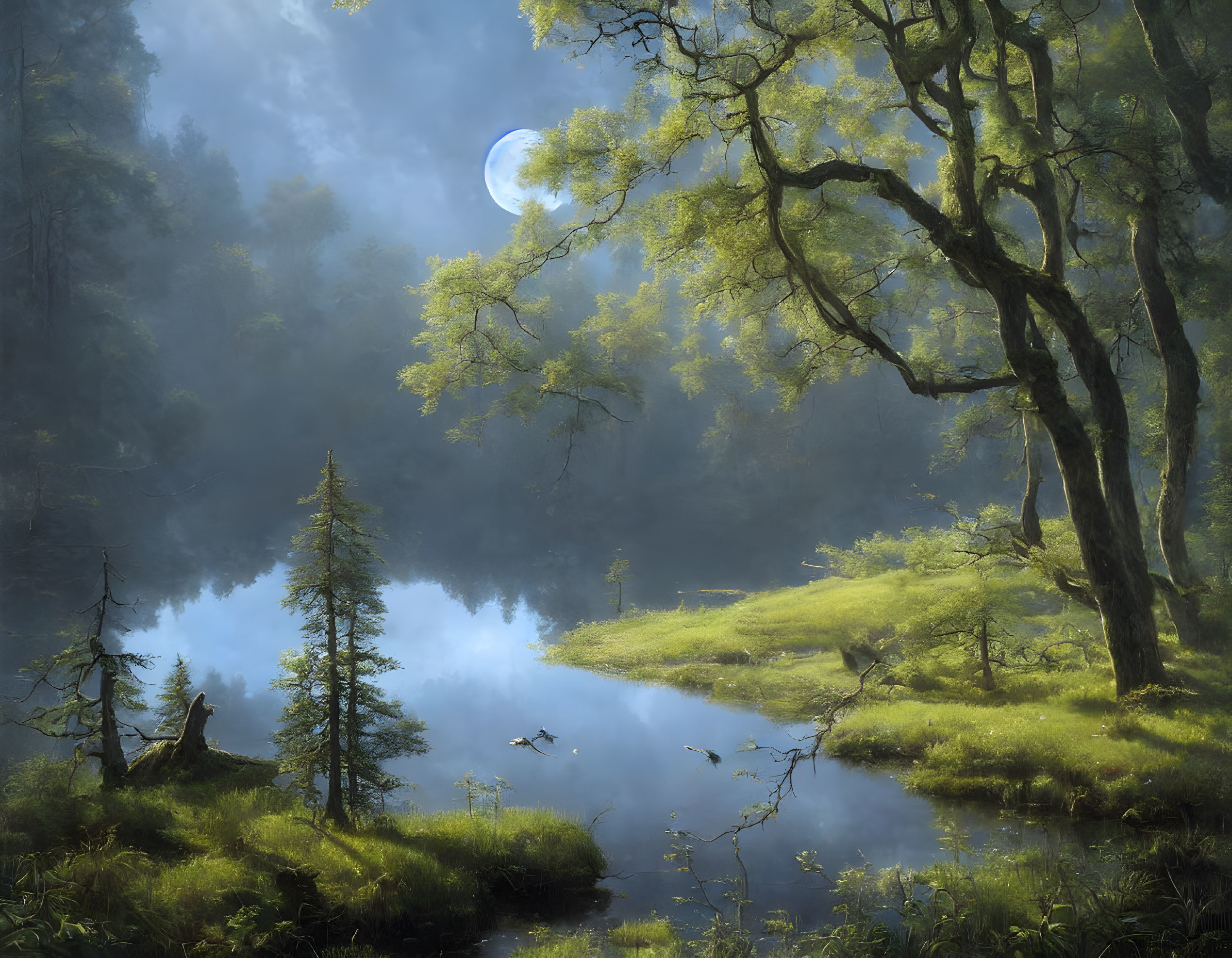 Moonlit enchanted forest with mist, river, trees, and ducks.