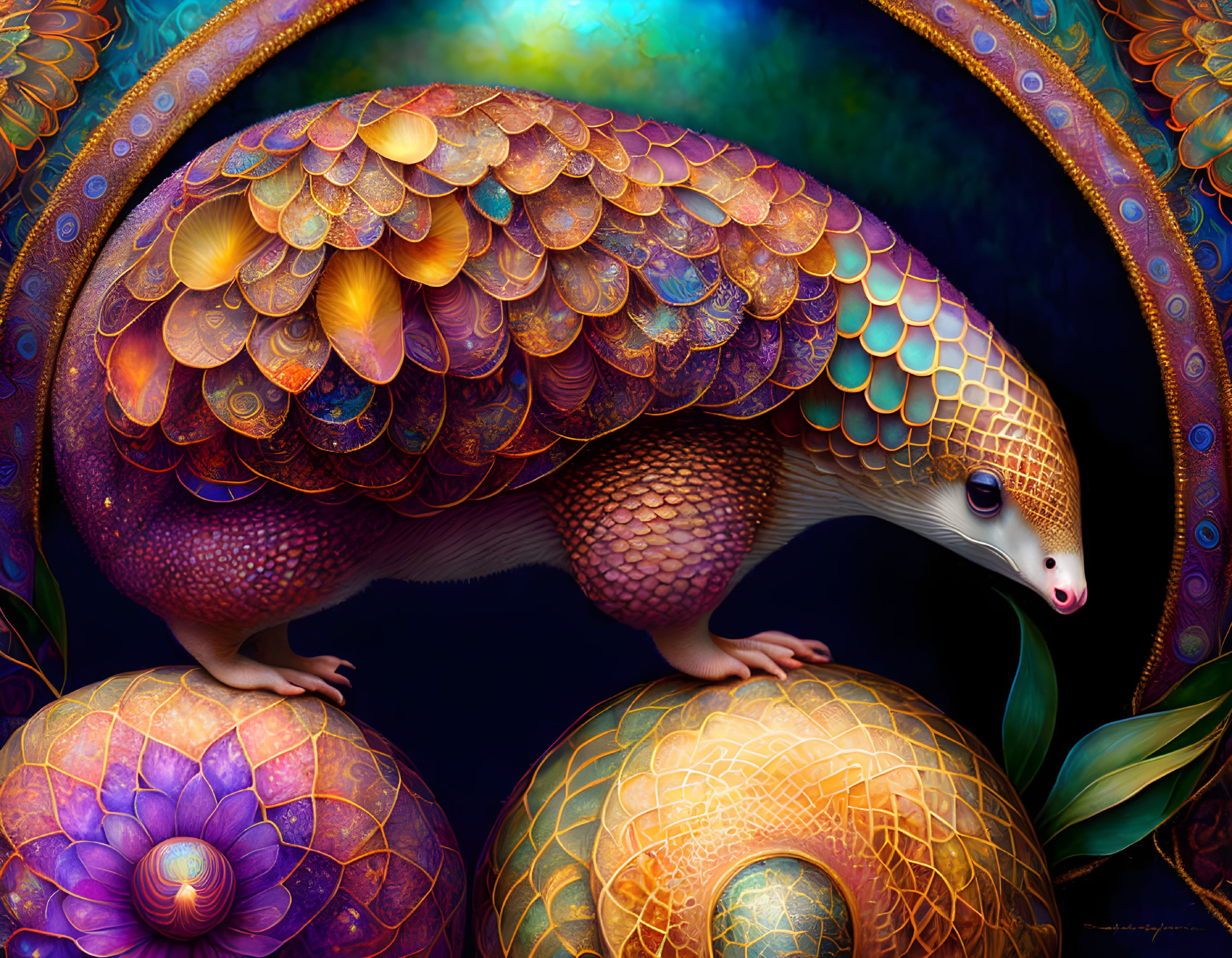 Colorful digital artwork: Pangolin with iridescent scales in fantasy setting