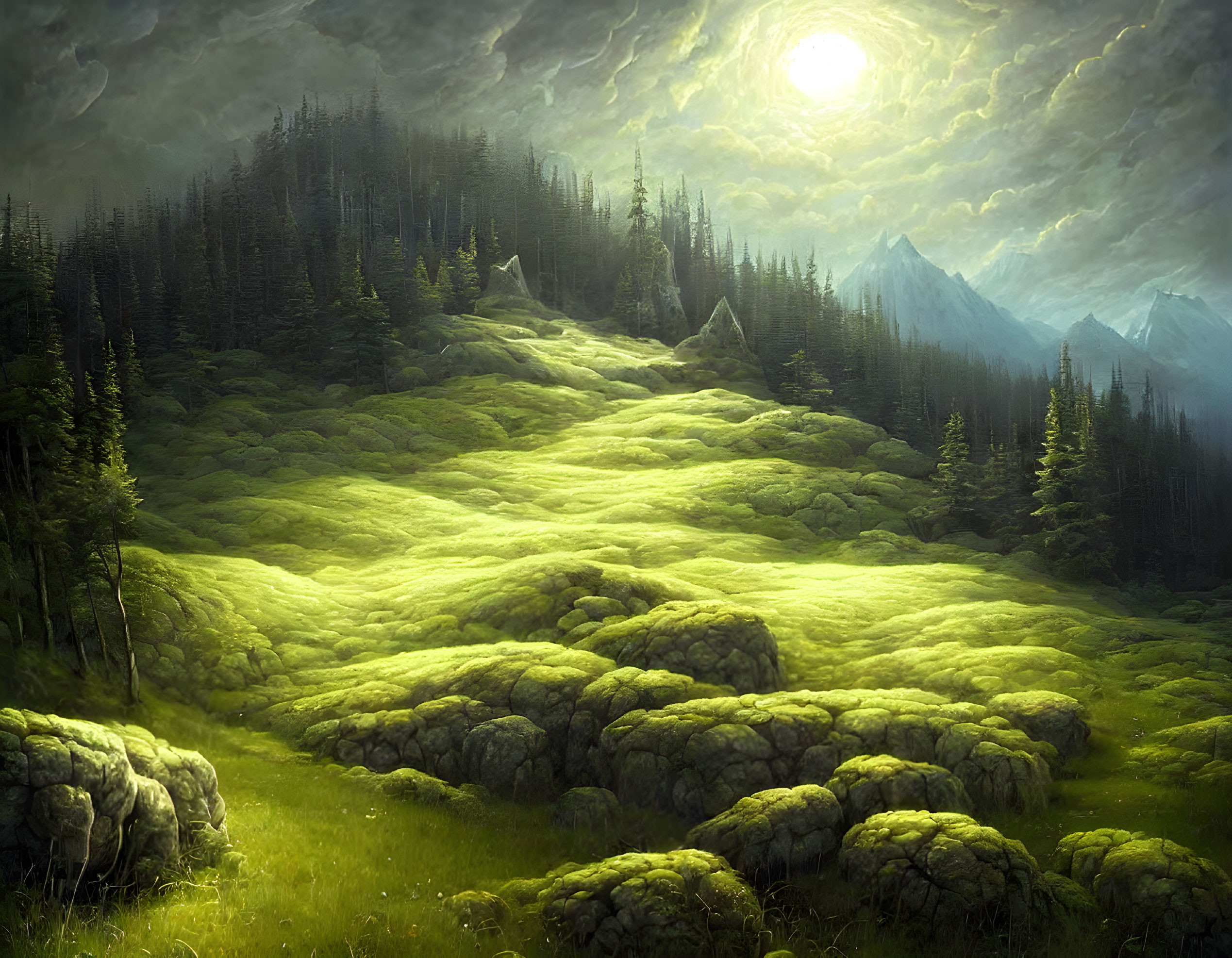 Fantasy landscape: Moss-covered hills, pine forests, mountains under bright moon